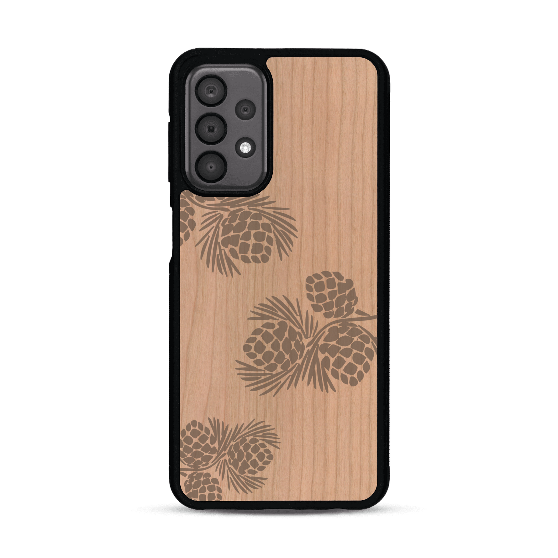 Coque de protection en bois véritable fabriquée en France pour  sur le thème de la nature des arbres avec un motif de gravure représentant des épines de sapin et des pommes de pin