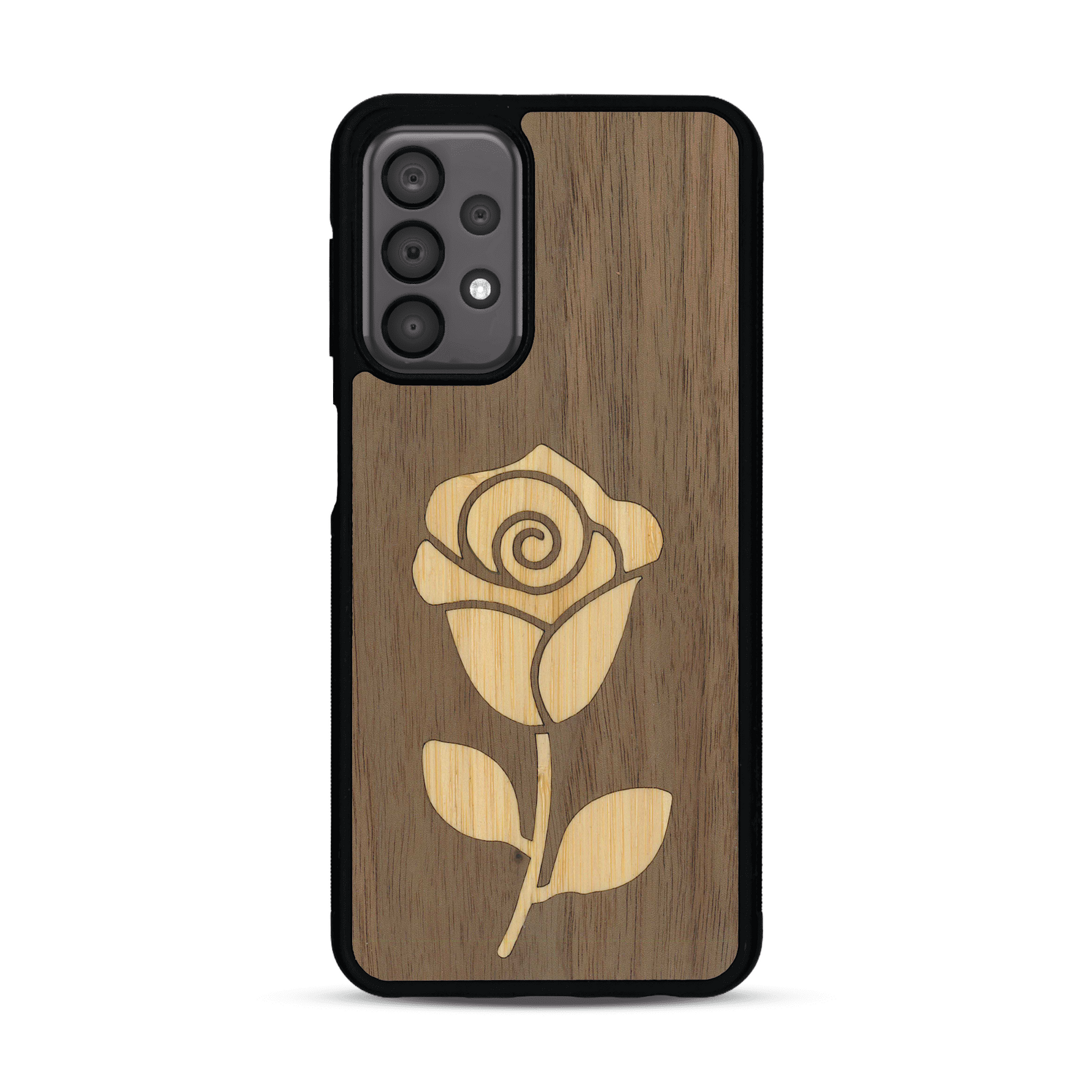 Coque de protection en bois véritable fabriquée en France pour Samsung A23 alliant plusieurs essences de bois pour représenter une rose