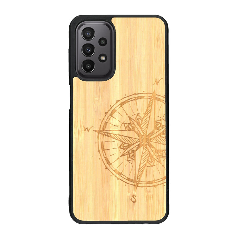 Coque de protection en bois véritable fabriquée en France pour Samsung A23 avec une gravure "rose des vents" sur le thème nautique et de l'océan qui s'inspire des boussoles de pirate