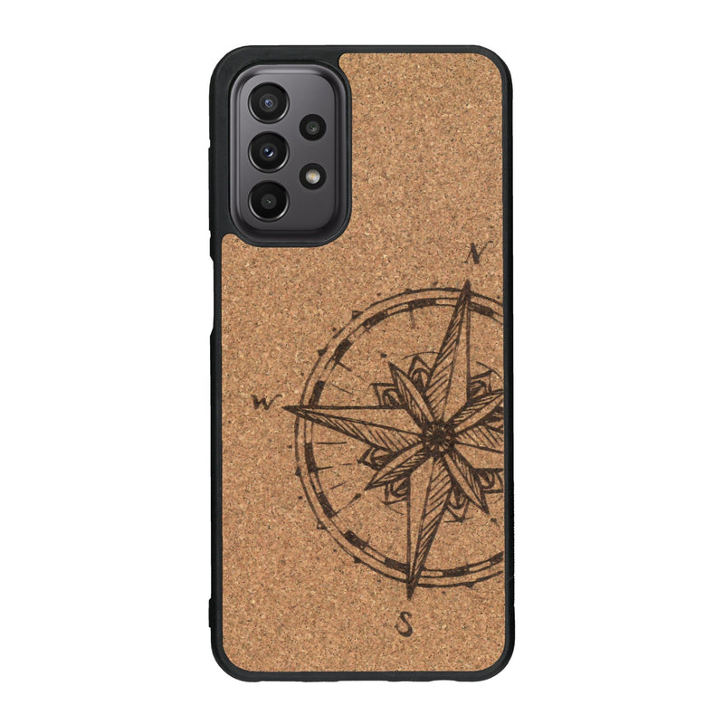Coque de protection en bois véritable fabriquée en France pour Samsung A23 avec une gravure "rose des vents" sur le thème nautique et de l'océan qui s'inspire des boussoles de pirate