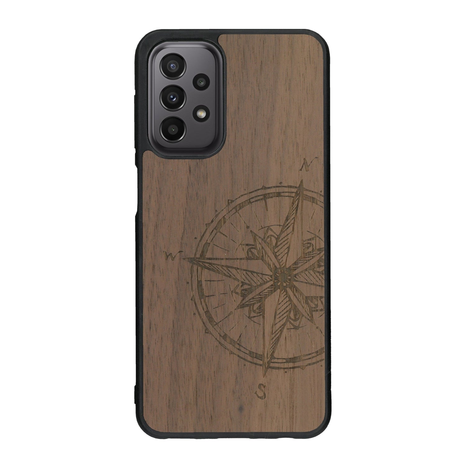 Coque de protection en bois véritable fabriquée en France pour Samsung A23 avec une gravure "rose des vents" sur le thème nautique et de l'océan qui s'inspire des boussoles de pirate