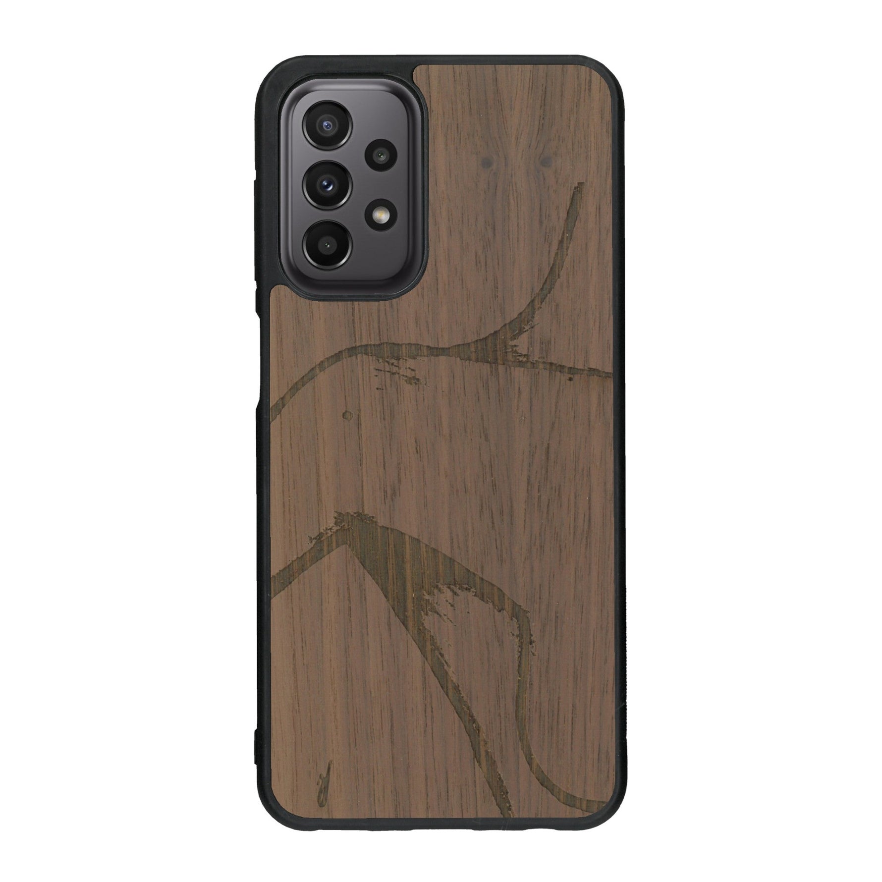 Coque de protection en bois véritable fabriquée en France pour Samsung A23 représentant une silhouette féminine dessinée à la main par l'artiste Maud Dabs