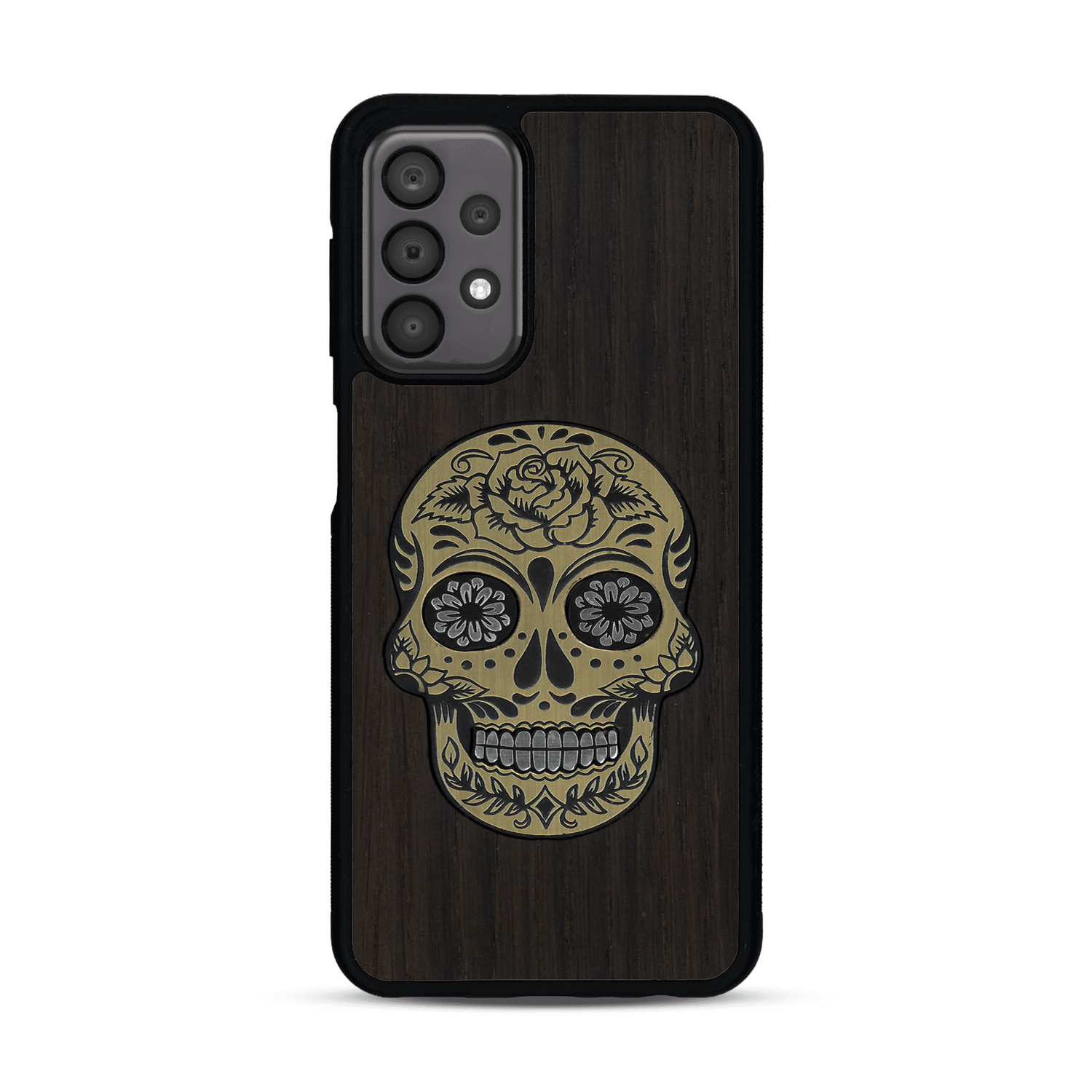 Coque de protection en bois véritable fabriquée en France pour  alliant du chêne fumé avec du métal argenté et doré représentant une tête de mort mexicaine sur le thème Dia de los Muertos