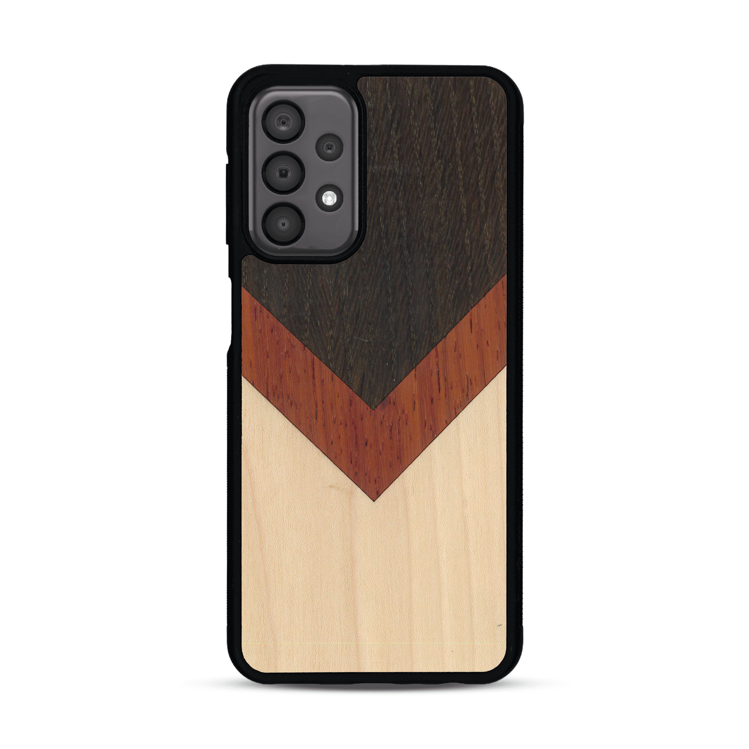 Coque de protection en bois véritable fabriquée en France pour  alliant du chêne fumé, du padouk et du bambou en forme de chevron sur le thème de l'art abstrait