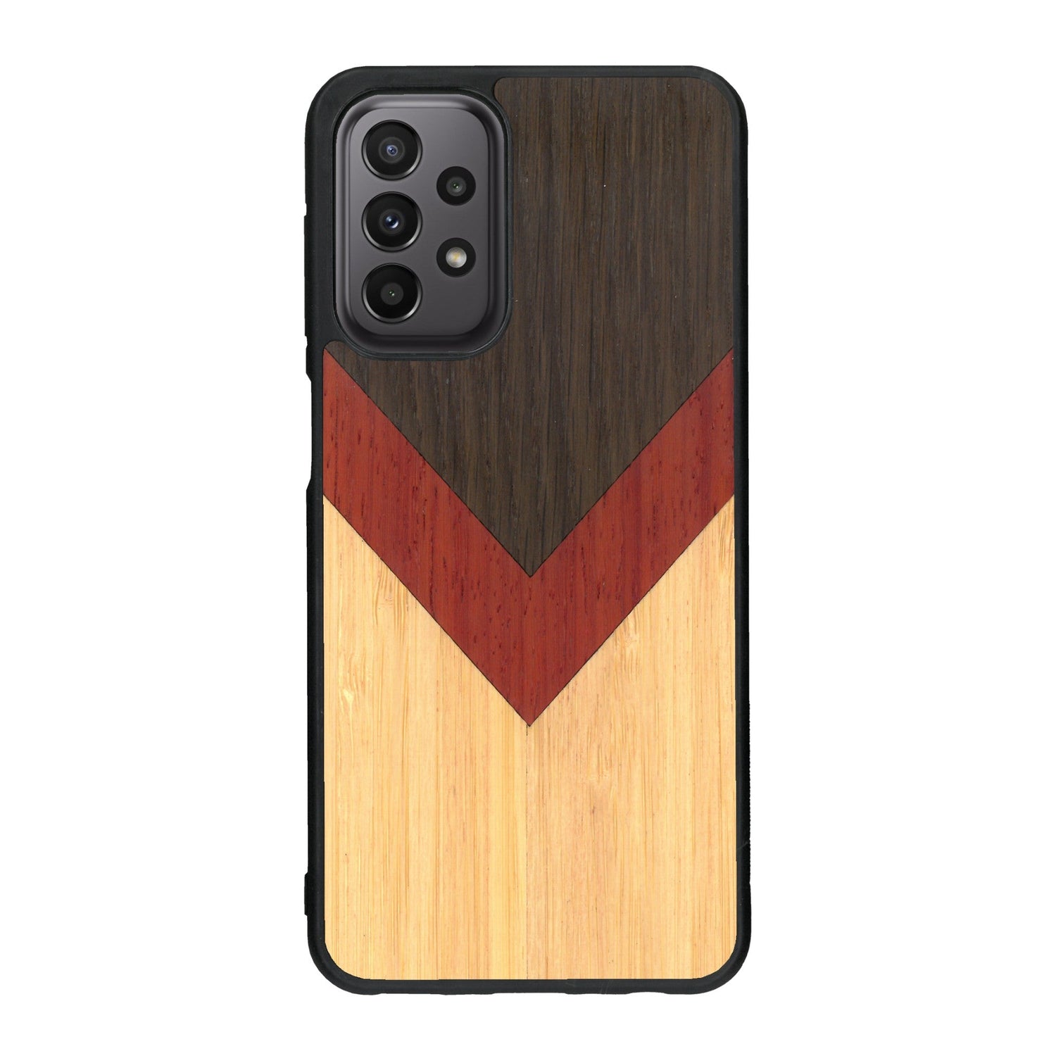 Coque de protection en bois véritable fabriquée en France pour Samsung A23 alliant du chêne fumé, du padouk et du bambou en forme de chevron sur le thème de l'art abstrait