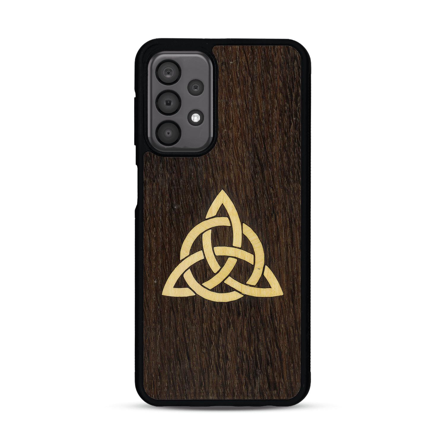 Coque de protection en bois véritable fabriquée en France pour  alliant du chêne fumé et du bambou représentant une triquetra