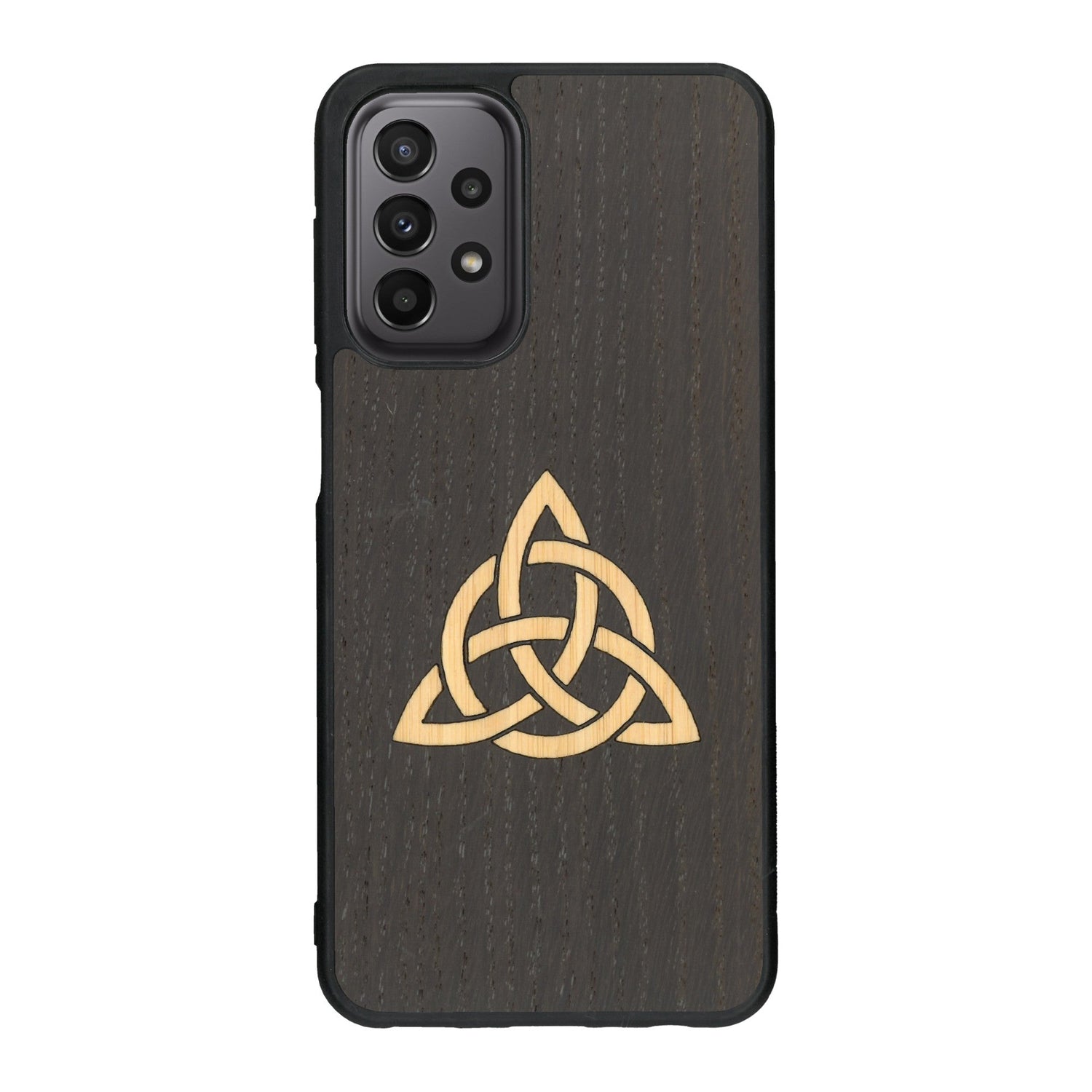 Coque de protection en bois véritable fabriquée en France pour Samsung A23 alliant du chêne fumé et du bambou représentant une triquetra