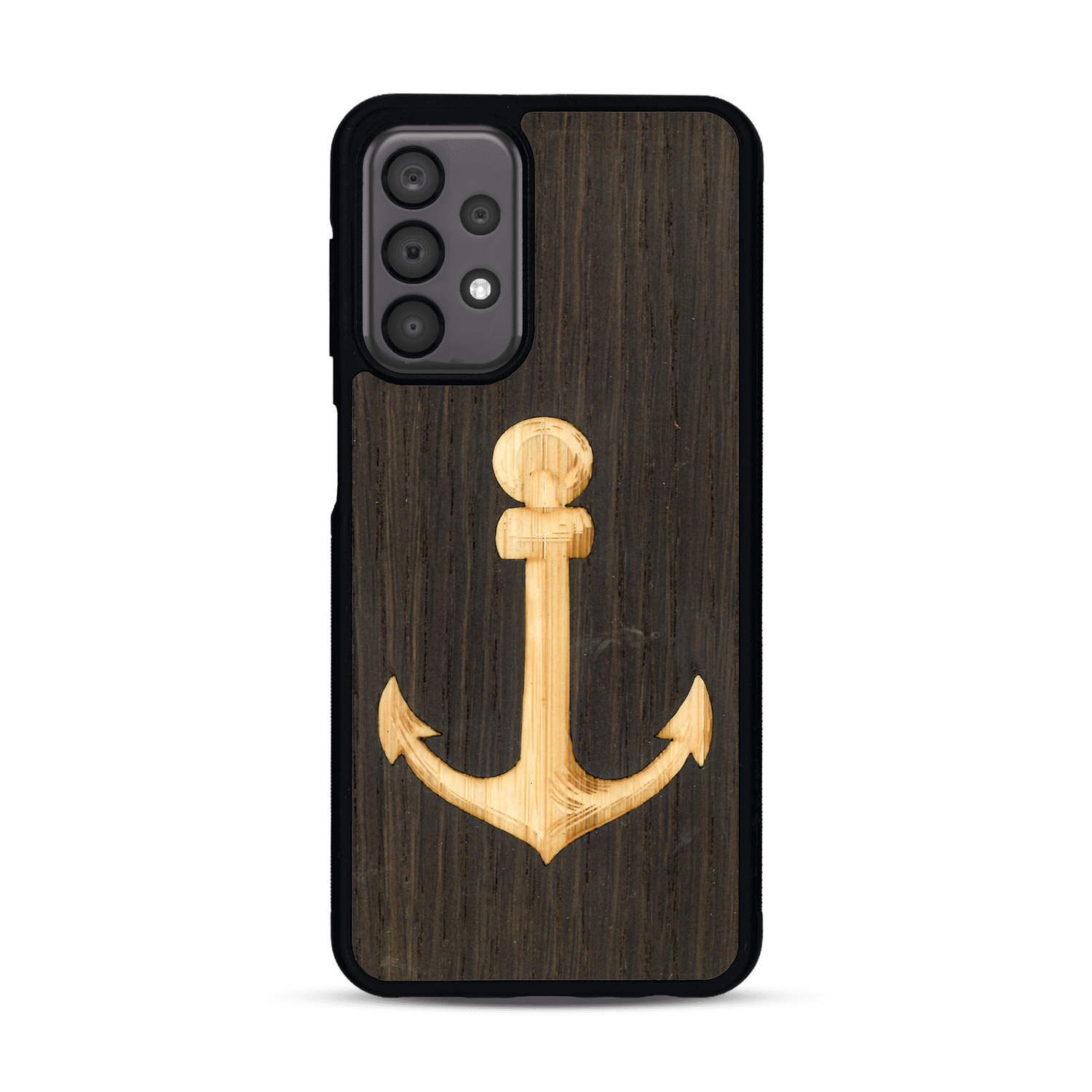Coque de protection en bois véritable fabriquée en France pour  sur le thème nautique avec un bois clair et un bois foncé représentant une ancre de bateau