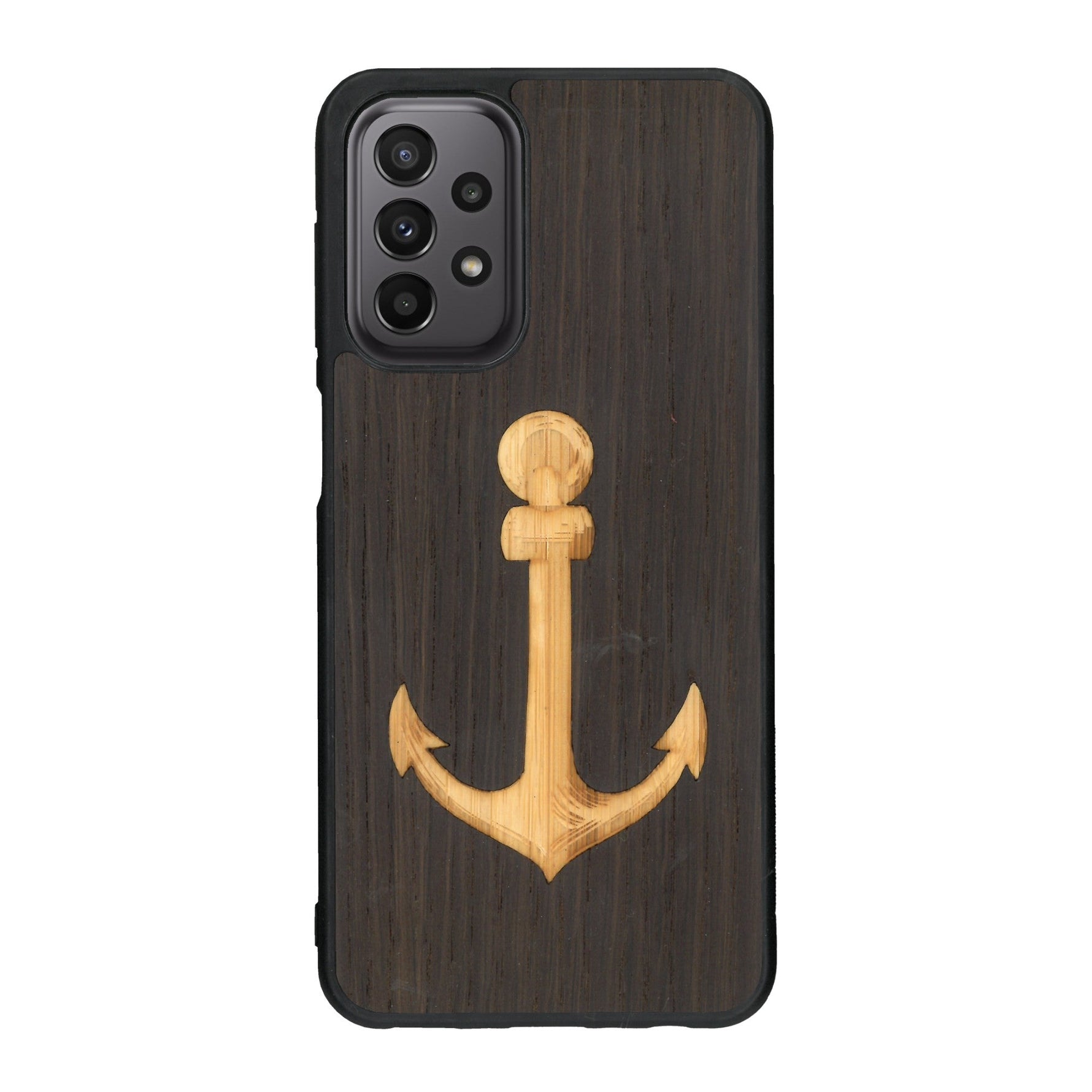 Coque de protection en bois véritable fabriquée en France pour Samsung A23 sur le thème nautique avec un bois clair et un bois foncé représentant une ancre de bateau