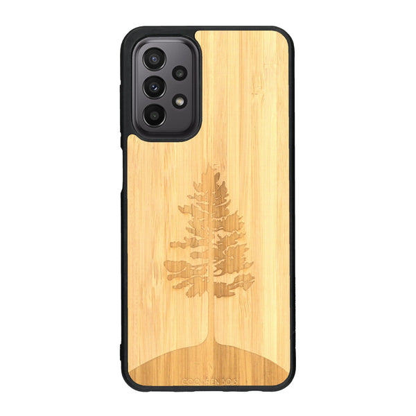 Coque de protection en bois véritable fabriquée en France pour Samsung A23 sur le thème de la nature, de la fôret et de l'écoresponsabilité avec une gravure représentant un arbre 