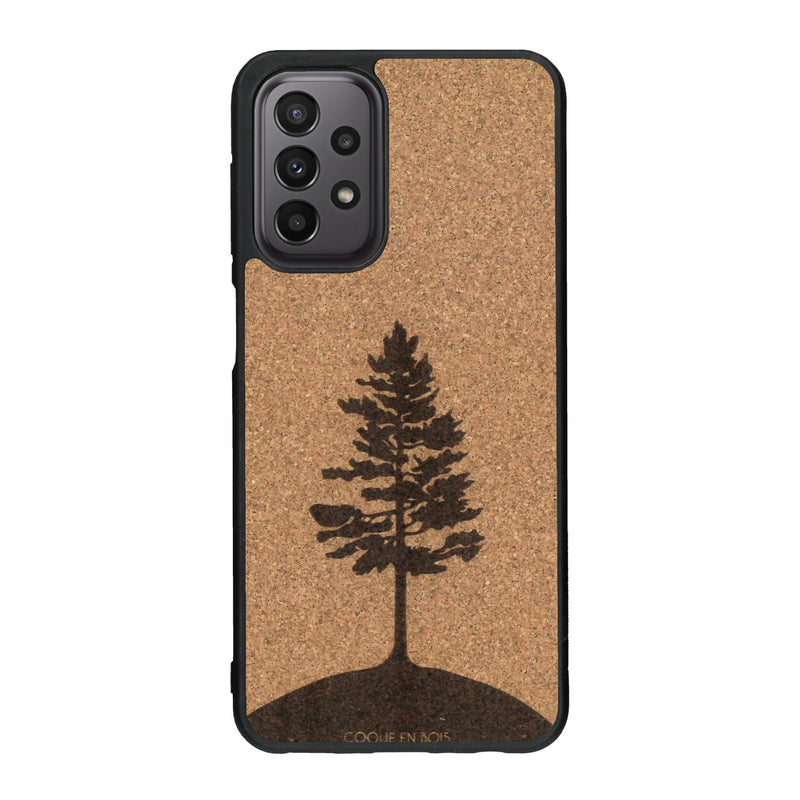 Coque de protection en bois véritable fabriquée en France pour Samsung A23 sur le thème de la nature, de la fôret et de l'écoresponsabilité avec une gravure représentant un arbre 