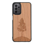 Coque de protection en bois véritable fabriquée en France pour Samsung A23 sur le thème de la nature, de la fôret et de l'écoresponsabilité avec une gravure représentant un arbre 