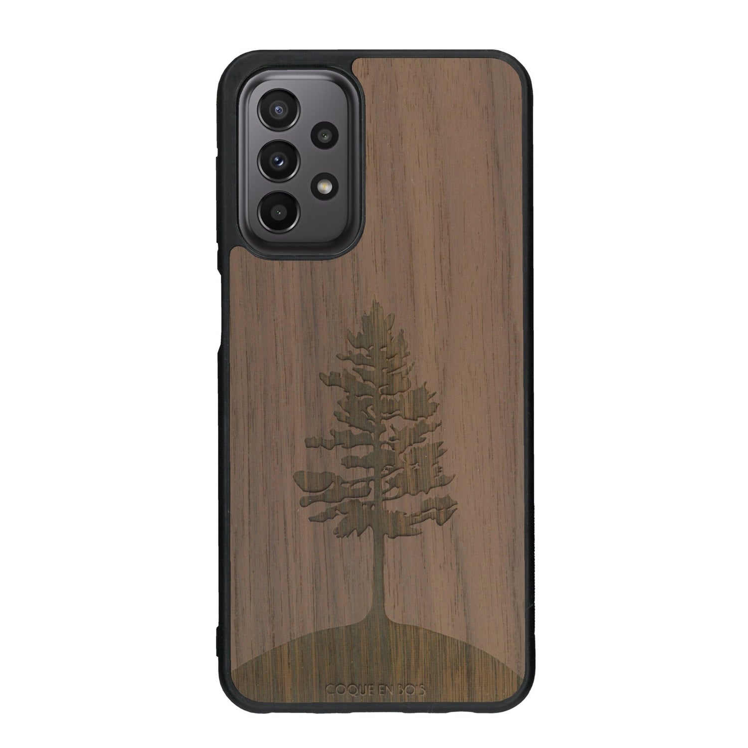 Coque de protection en bois véritable fabriquée en France pour Samsung A23 sur le thème de la nature, de la fôret et de l'écoresponsabilité avec une gravure représentant un arbre 