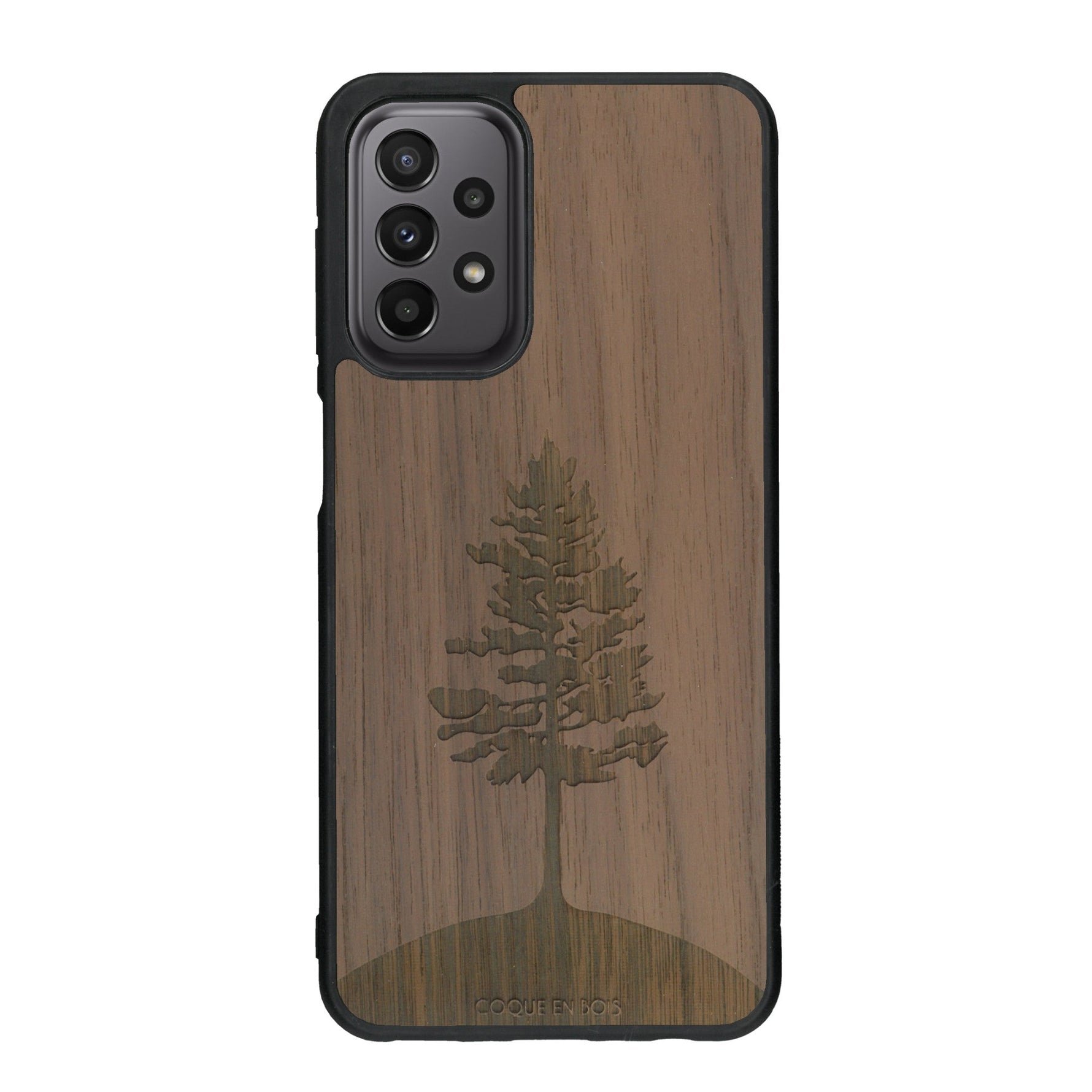 Coque de protection en bois véritable fabriquée en France pour Samsung A23 sur le thème de la nature, de la fôret et de l'écoresponsabilité avec une gravure représentant un arbre 