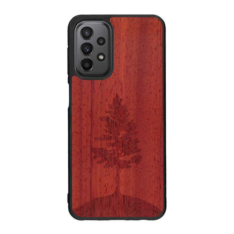 Coque de protection en bois véritable fabriquée en France pour Samsung A23 sur le thème de la nature, de la fôret et de l'écoresponsabilité avec une gravure représentant un arbre 
