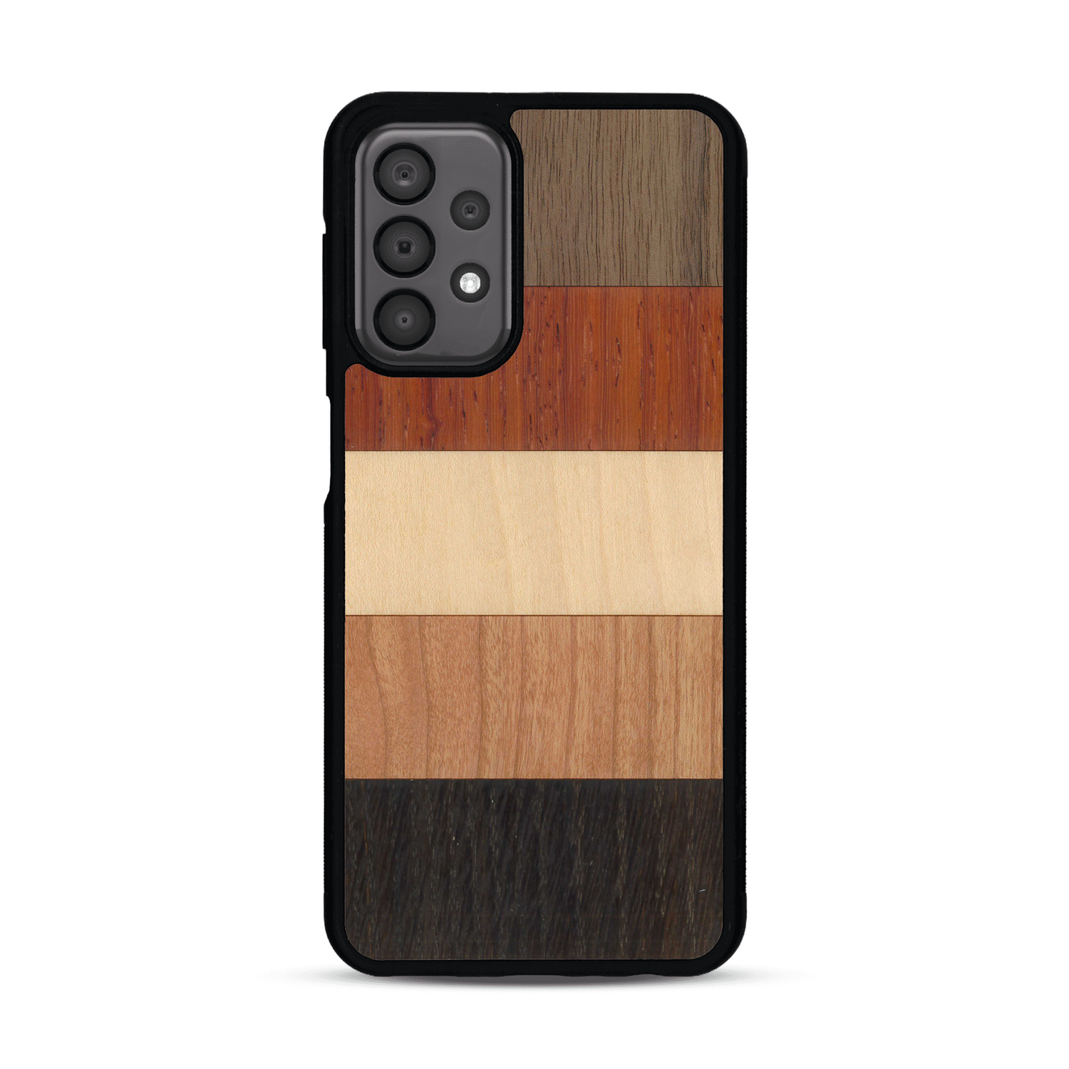 Coque de protection en bois véritable fabriquée en France pour  alliant des bandes horizontales de bambou, merisier, padouk, noyer et chêne fumé