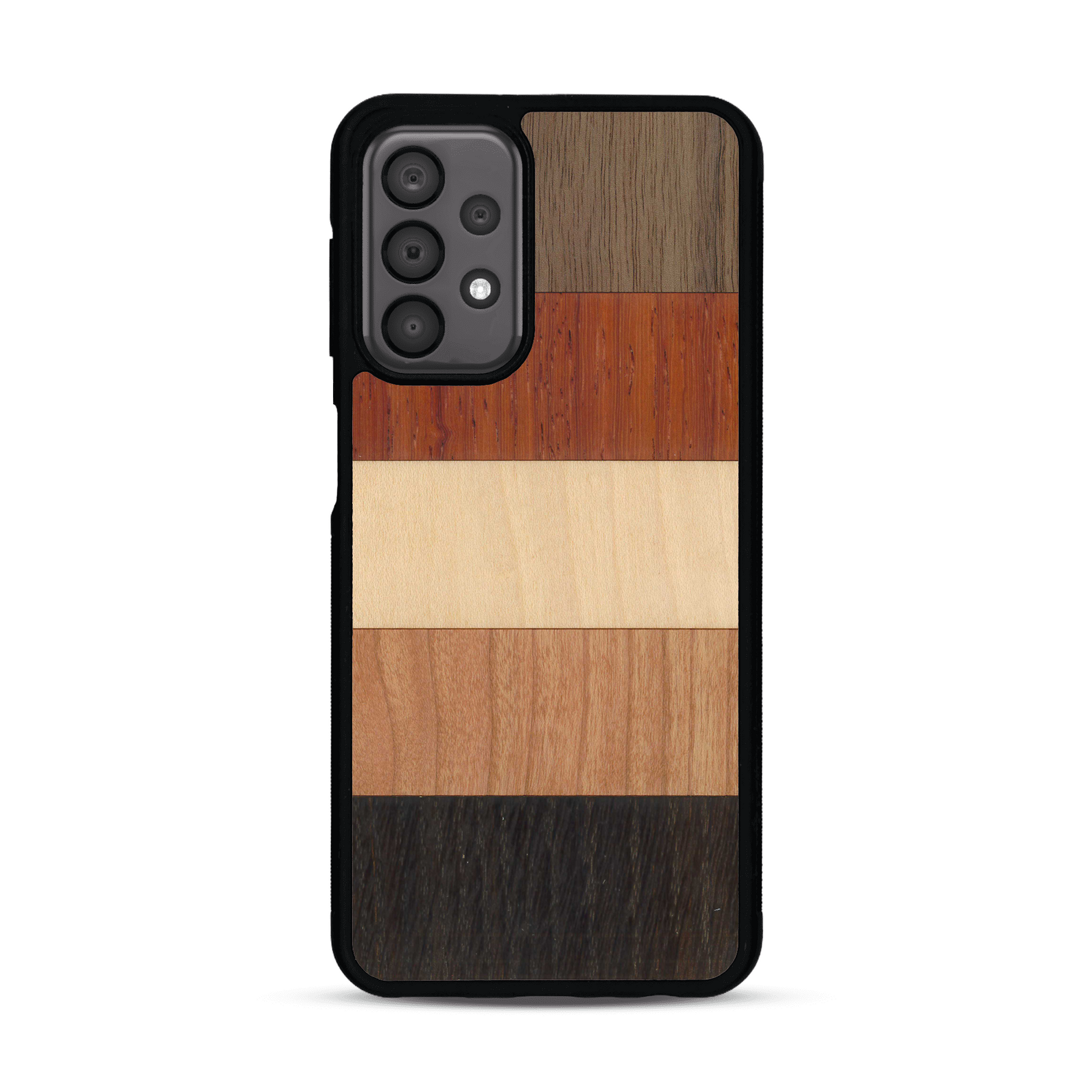 Coque de protection en bois véritable fabriquée en France pour  alliant des bandes horizontales de bambou, merisier, padouk, noyer et chêne fumé