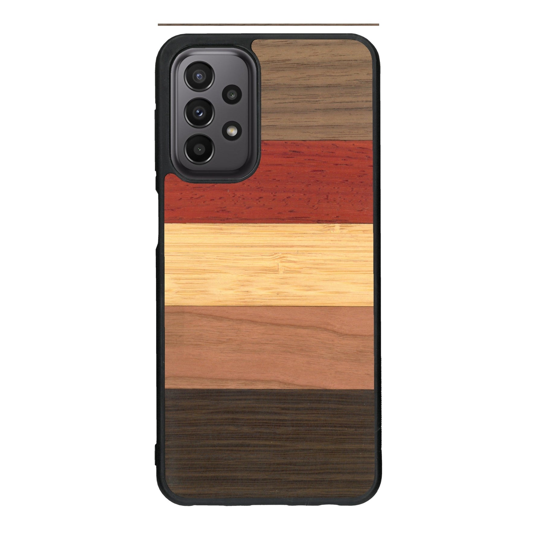 Coque de protection en bois véritable fabriquée en France pour Samsung A23 alliant des bandes horizontales de bambou, merisier, padouk, noyer et chêne fumé
