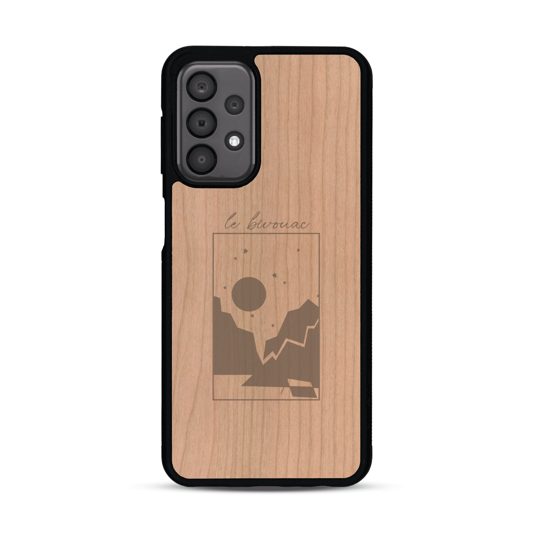 Coque de protection en bois véritable fabriquée en France pour  sur le thème du camping en pleine nature et du bivouac avec la phrase "Aventure is out there"