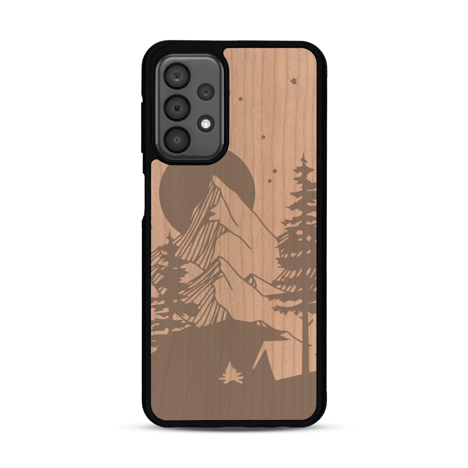 Coque de protection en bois véritable fabriquée en France pour  sur le thème du camping en pleine nature représentant une tente avec un feu de camp entouré de montagnes