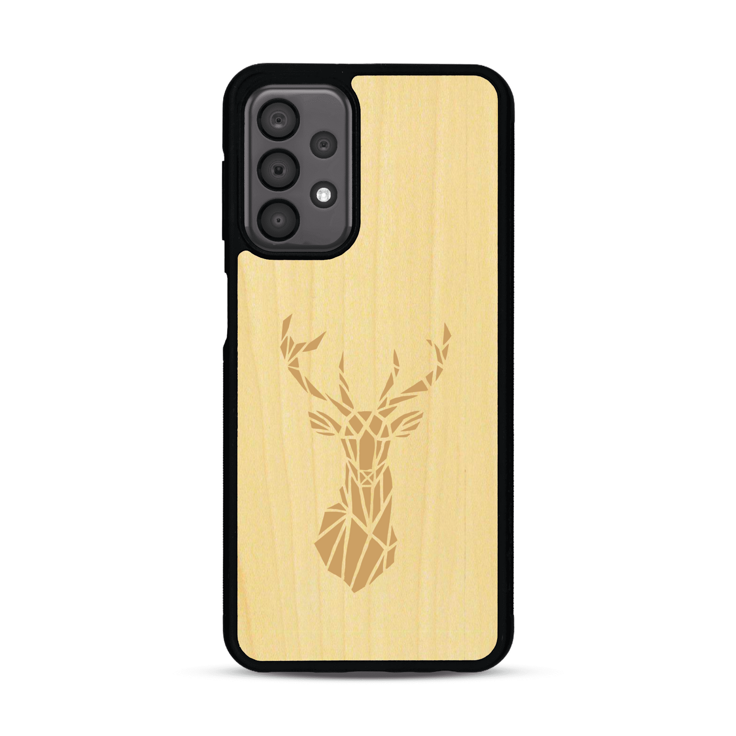 Coque de protection en bois véritable fabriquée en France pour  sur le thème de la nature et des animaux représentant une tête de cerf gométrique avec un design moderne et minimaliste