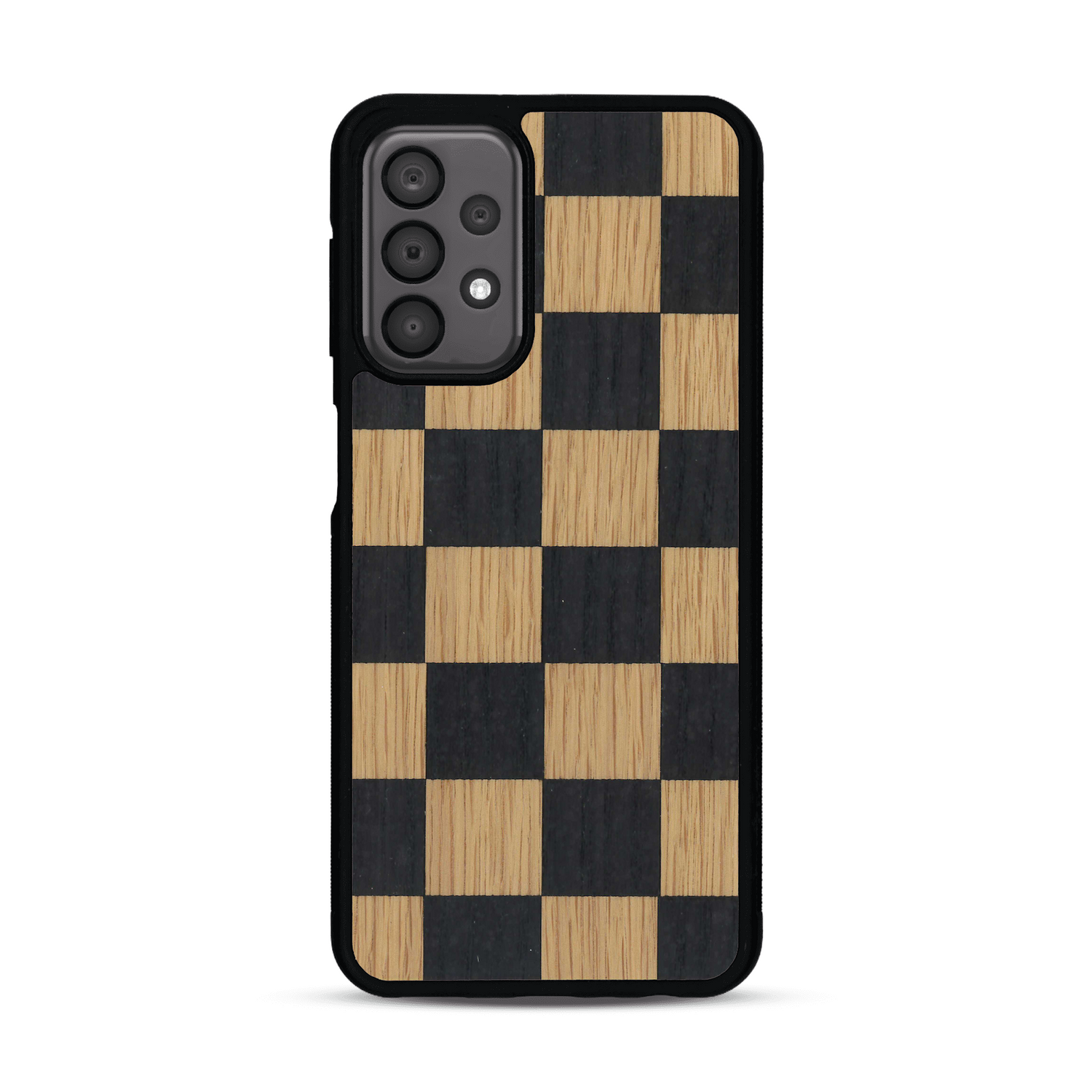 Coque de protection en bois véritable fabriquée en France pour Samsung A23 alliant plusieurs essences de bois pour représenter un damier