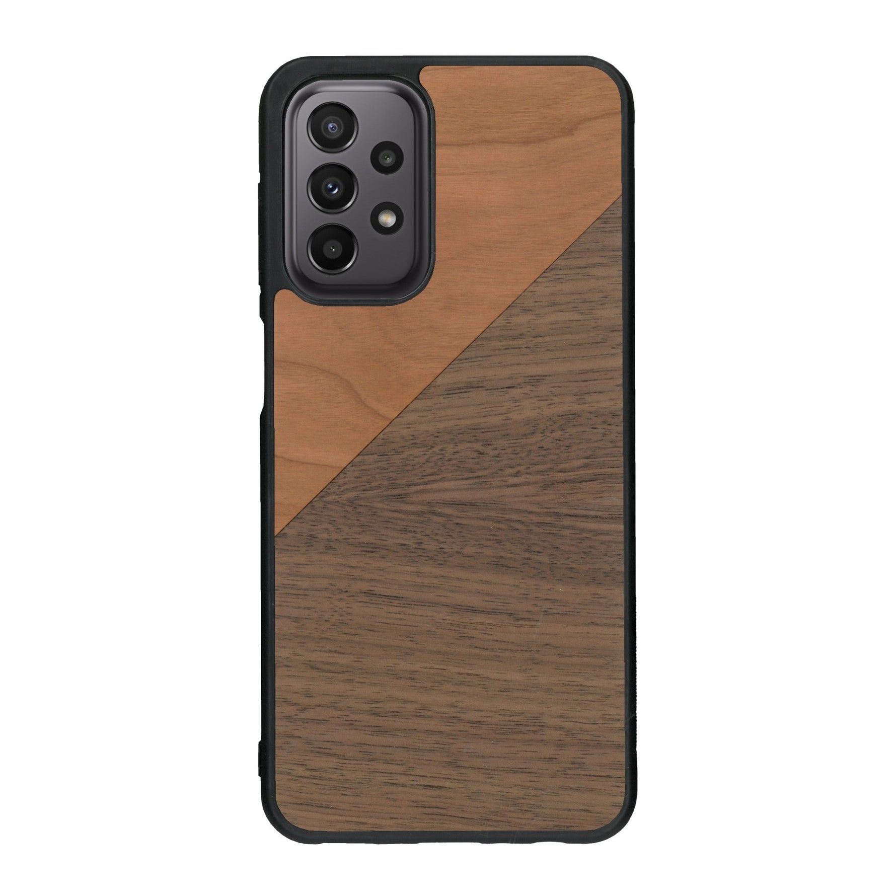 Coque de protection en bois véritable fabriquée en France pour Samsung A23 alliant du merisier et du noyer formant chacun un triangle avec une jointure en diagonale sur le thème de l'art abstrait
