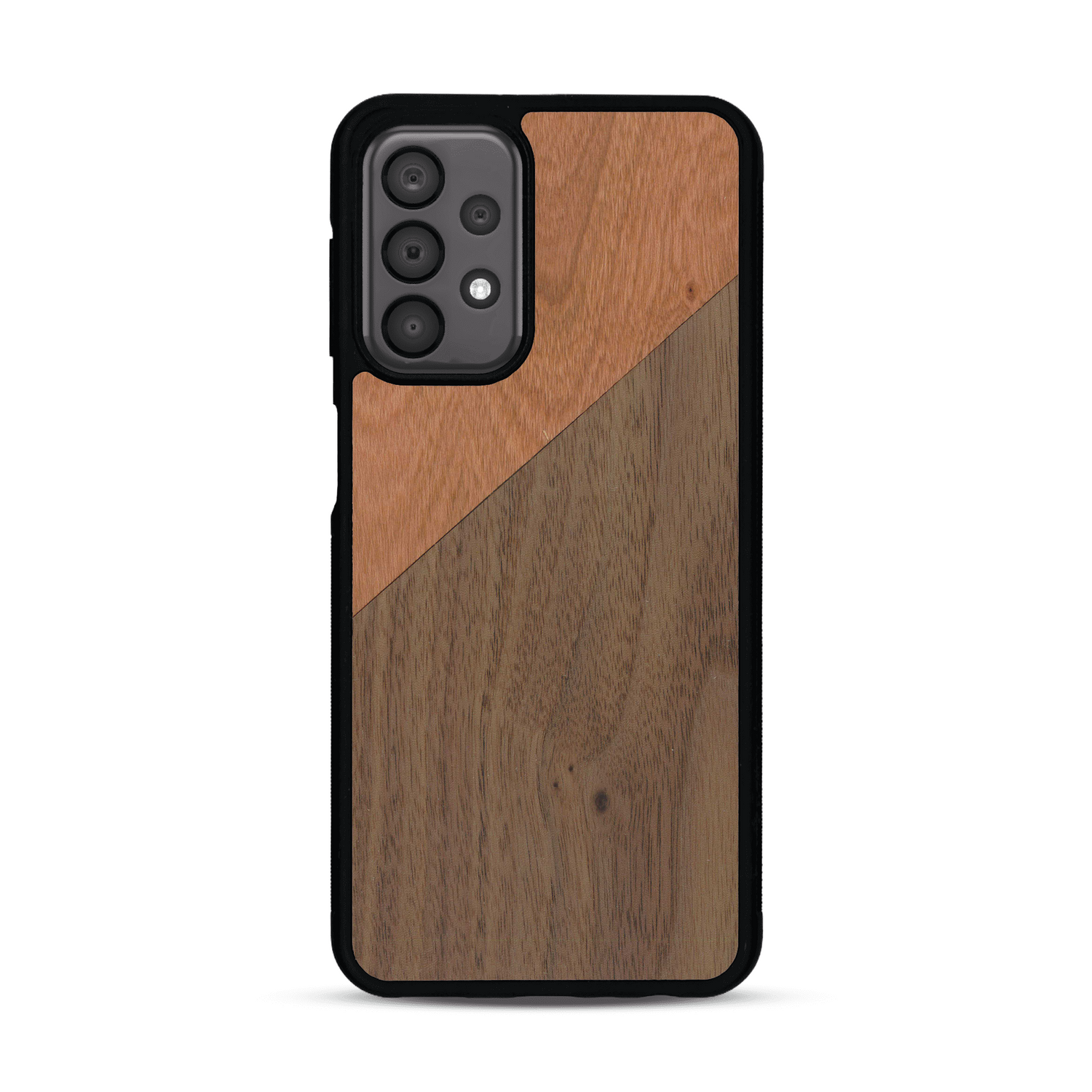 Coque de protection en bois véritable fabriquée en France pour  alliant du merisier et du noyer formant chacun un triangle avec une jointure en diagonale sur le thème de l'art abstrait