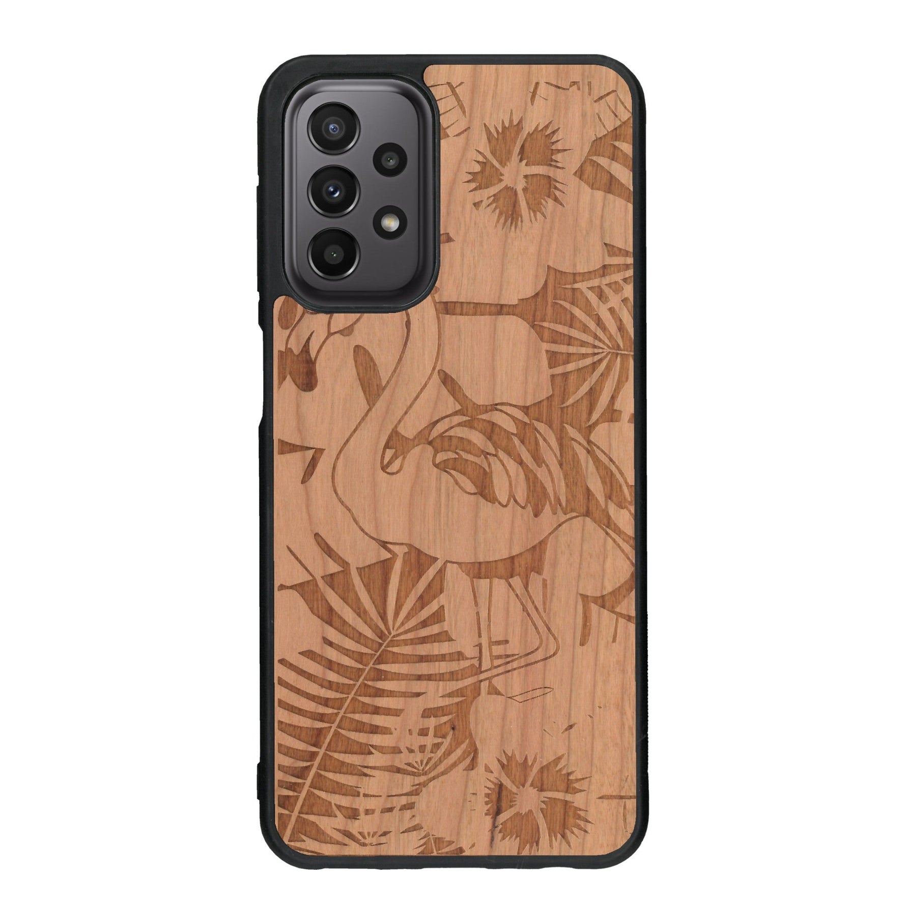Coque de protection en bois véritable fabriquée en France pour Samsung A23 sur le thème de la nature et des animaux représentant un flamant rose entre des fougères