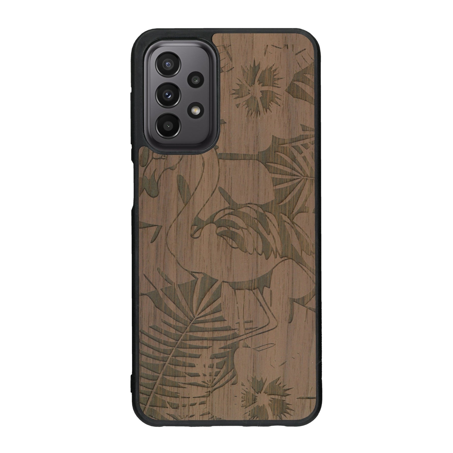 Coque de protection en bois véritable fabriquée en France pour Samsung A23 sur le thème de la nature et des animaux représentant un flamant rose entre des fougères