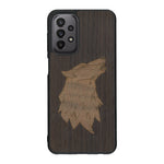 Coque de protection en bois véritable fabriquée en France pour Samsung A23 alliant du chêne fumé et du noyer représentant une tête de loup géométrique de profil sur le thème des animaux et de la nature