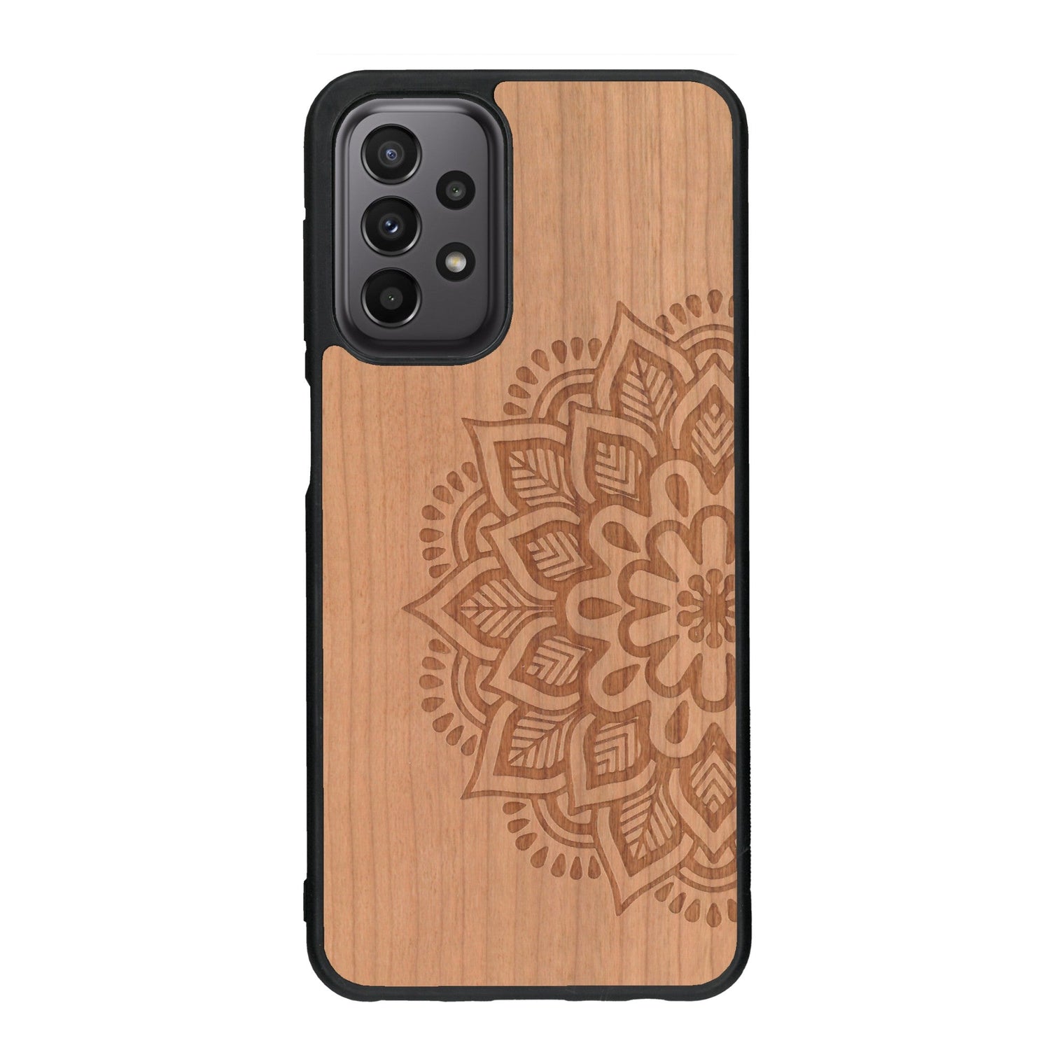Coque de protection en bois véritable fabriquée en France pour Samsung A23 sur le thème de la bohème et du tatouage au henné avec une gravure représentant un mandala