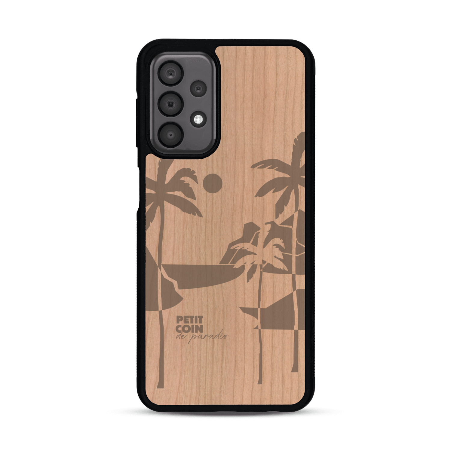 Coque de protection en bois véritable fabriquée en France pour  sur le thème des voyages en vans, vanlife et chill avec une gravure représentant un van vw combi devant le soleil couchant sur une plage avec des vagues