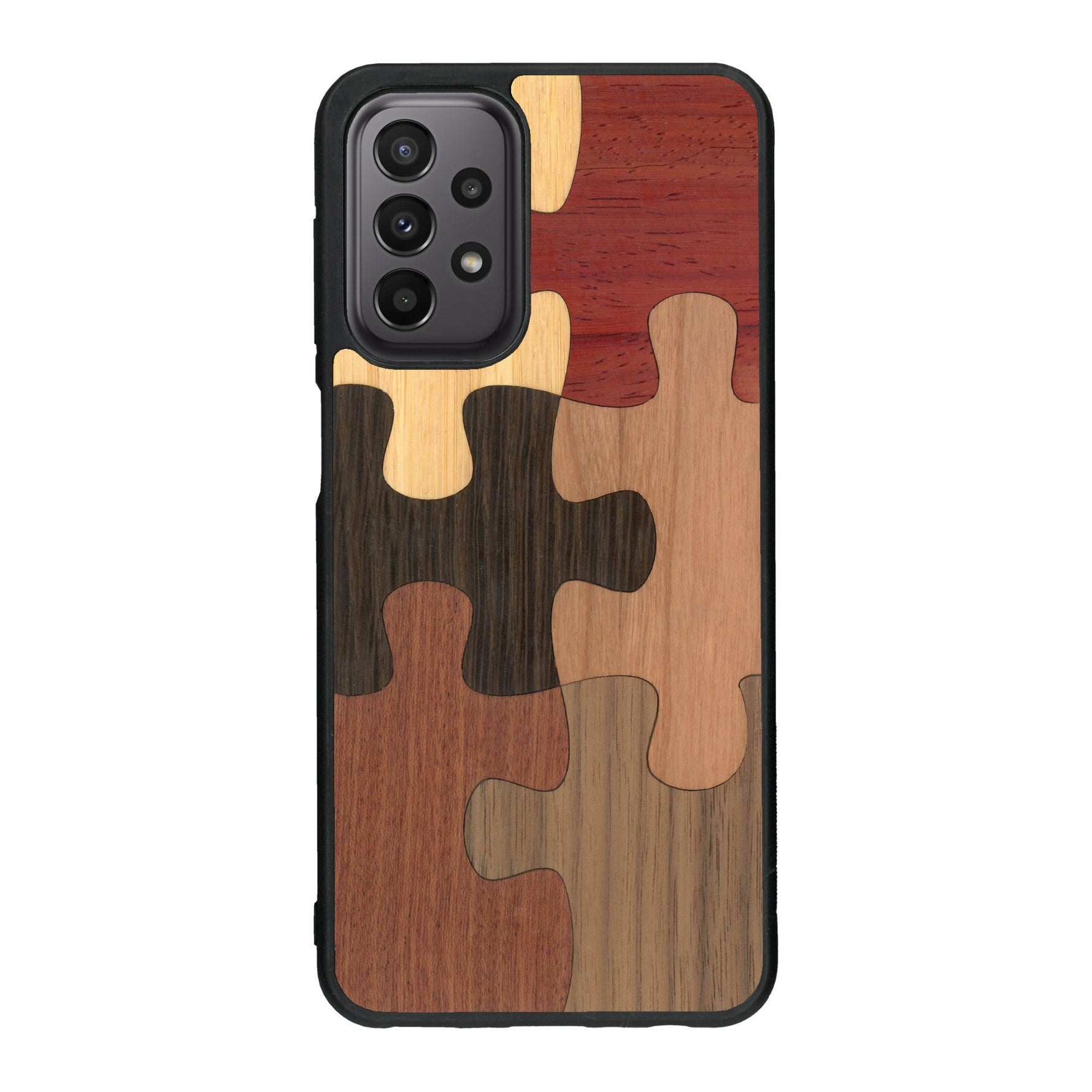 Coque de protection en bois véritable fabriquée en France pour Samsung A23 représentant un puzzle en six pièces qui allie du chêne fumé, du noyer, du bambou, du padouk, du merisier et de l'acajou