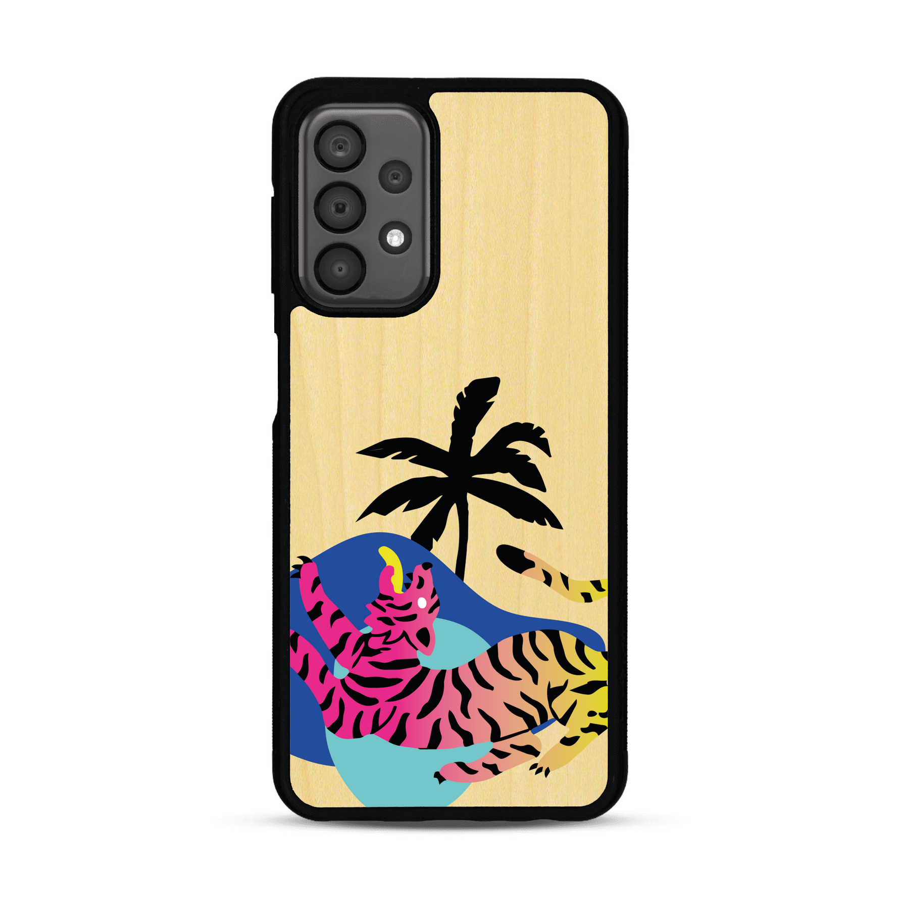 Coque de protection en bois véritable fabriquée en France pour Samsung A23 représentant un tigre coloré avec un design moderne et minimaliste sur le thème de la jungle et de la nature