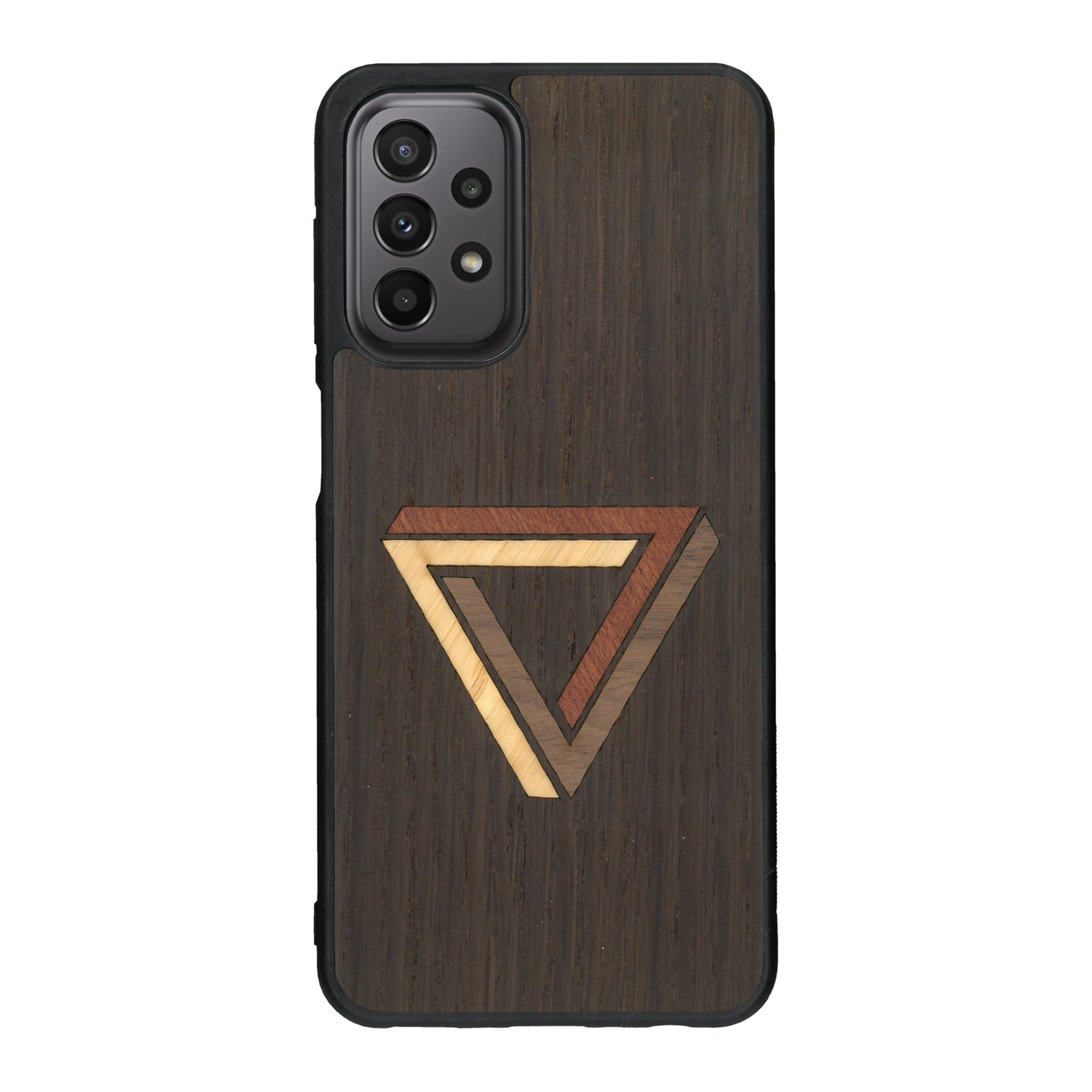 Coque de protection en bois véritable fabriquée en France pour Samsung A23 sur le thème de l'art géométrique qui allie du chêne fumé, du noyer, du bambou et du padouk représentant le triangle de penrose