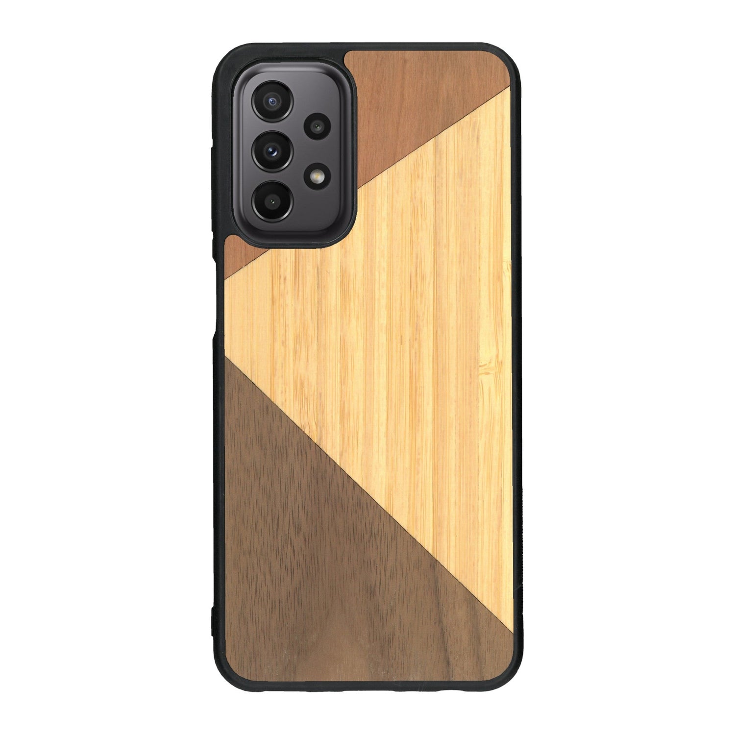 Coque de protection en bois véritable fabriquée en France pour Samsung A23 alliant du merisier, du noyer et du bambou formant chacun deux triangles et un trapèze avec deux jointures en diagonale sur le thème de l'art abstrait