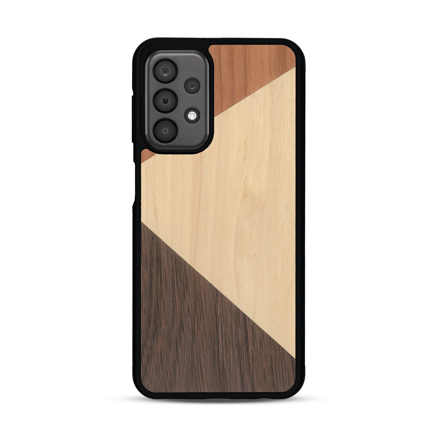 Coque de protection en bois véritable fabriquée en France pour  alliant du merisier, du noyer et du bambou formant chacun deux triangles et un trapèze avec deux jointures en diagonale sur le thème de l'art abstrait