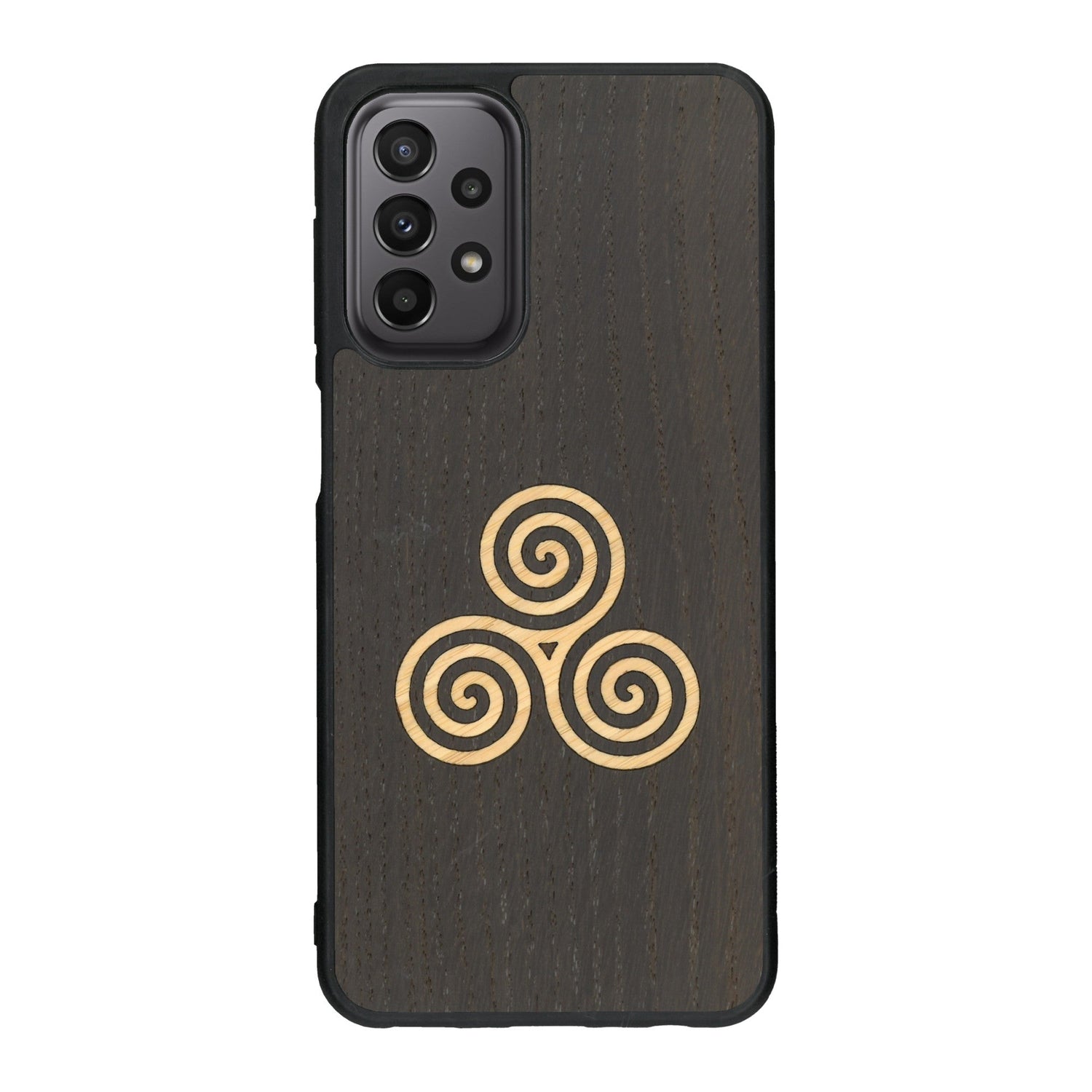 Coque de protection en bois véritable fabriquée en France pour Samsung A23 alliant du chêne fumé et du bambou et doré représentant un triskell