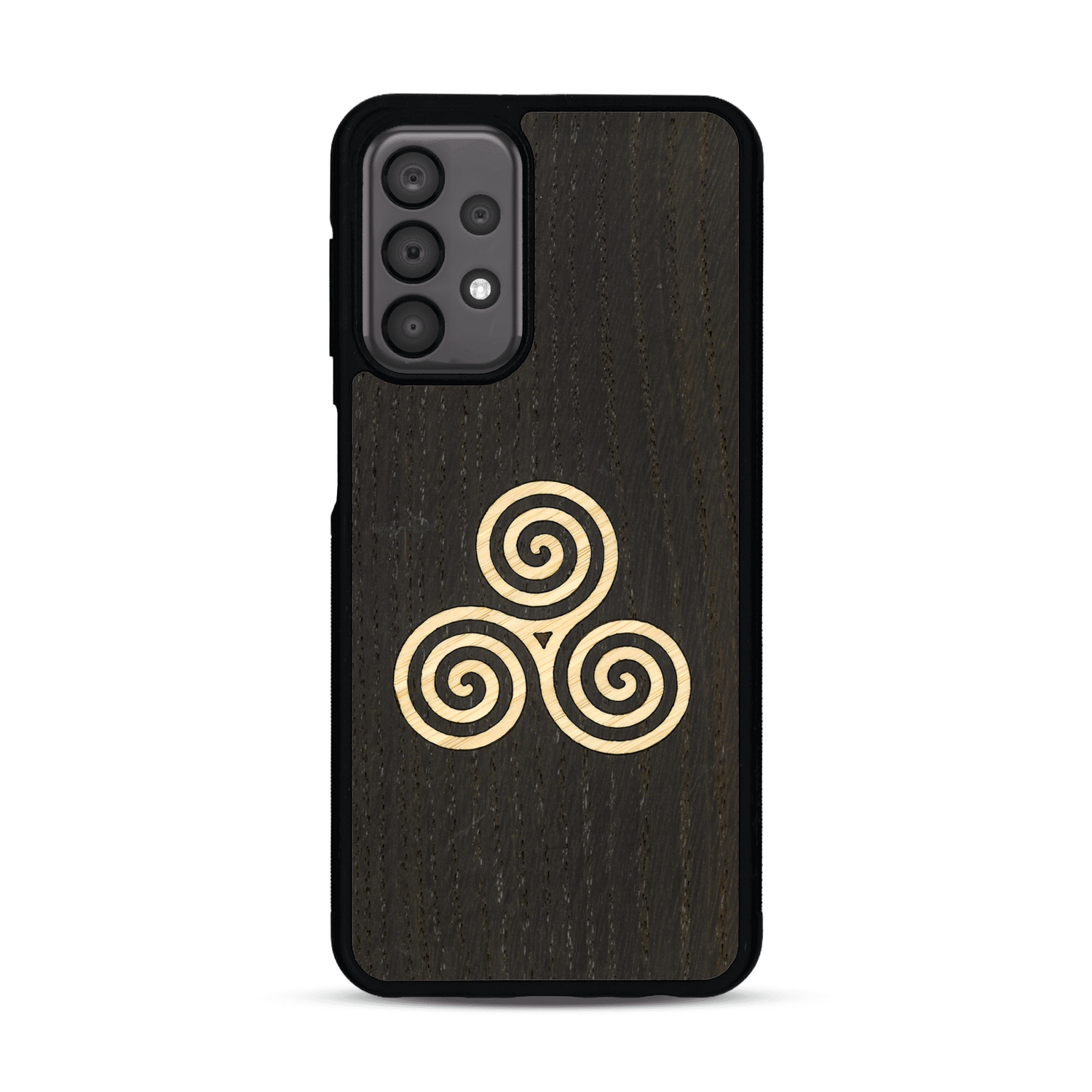 Coque de protection en bois véritable fabriquée en France pour  alliant du chêne fumé et du bambou et doré représentant un triskell