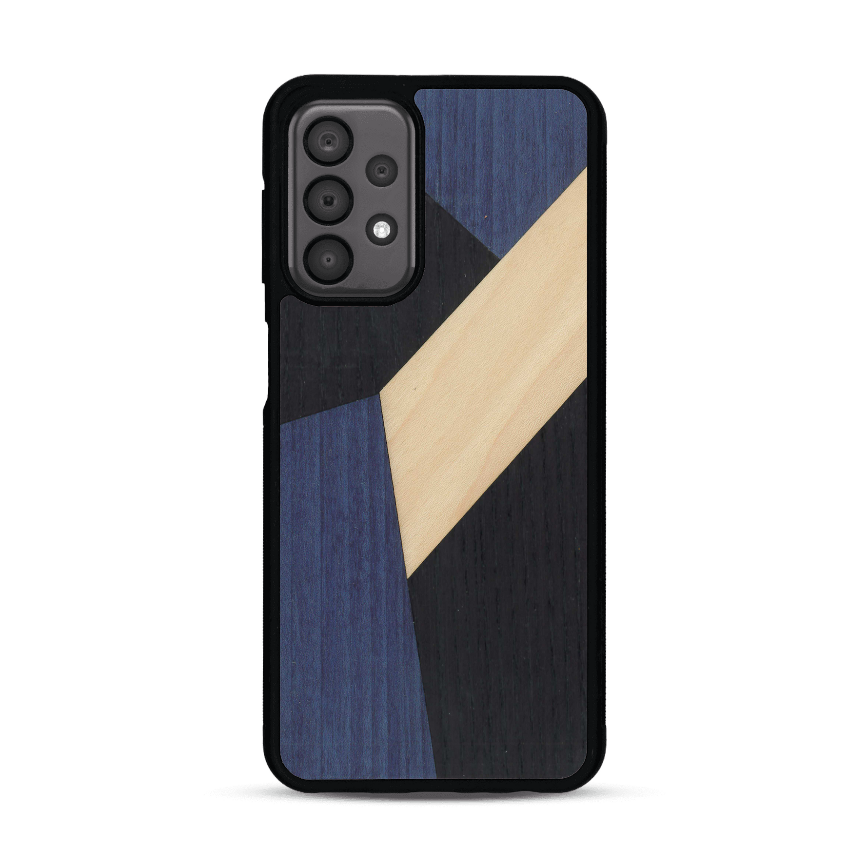 Coque de protection en bois véritable fabriquée en France pour  alliant du bambou, du tulipier bleu et noir en forme de mosaïque minimaliste sur le thème de l'art abstrait