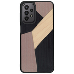 Coque de protection en bois véritable fabriquée en France pour Samsung A23 alliant du bambou, du tulipier mauve et noir en forme de mosaïque minimaliste sur le thème de l'art abstrait
