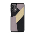 Coque de protection en bois véritable fabriquée en France pour  alliant du bambou, du tulipier mauve et noir en forme de mosaïque minimaliste sur le thème de l'art abstrait