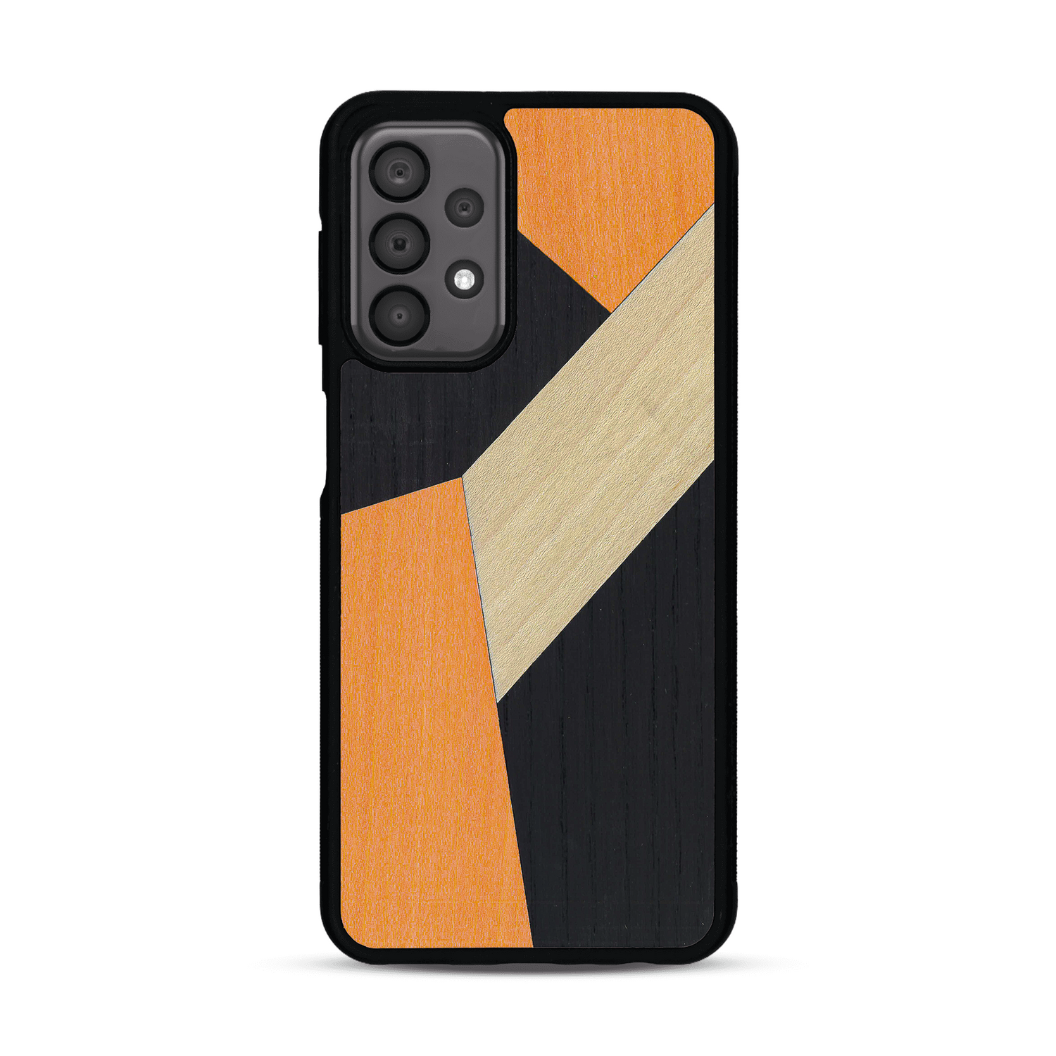 Coque de protection en bois véritable fabriquée en France pour Samsung A23 alliant du bambou, du tulipier orange et noir en forme de mosaïque minimaliste sur le thème de l'art abstrait