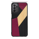 Coque de protection en bois véritable fabriquée en France pour Samsung A23 alliant du bambou, du tulipier rose et noir en forme de mosaïque minimaliste sur le thème de l'art abstrait