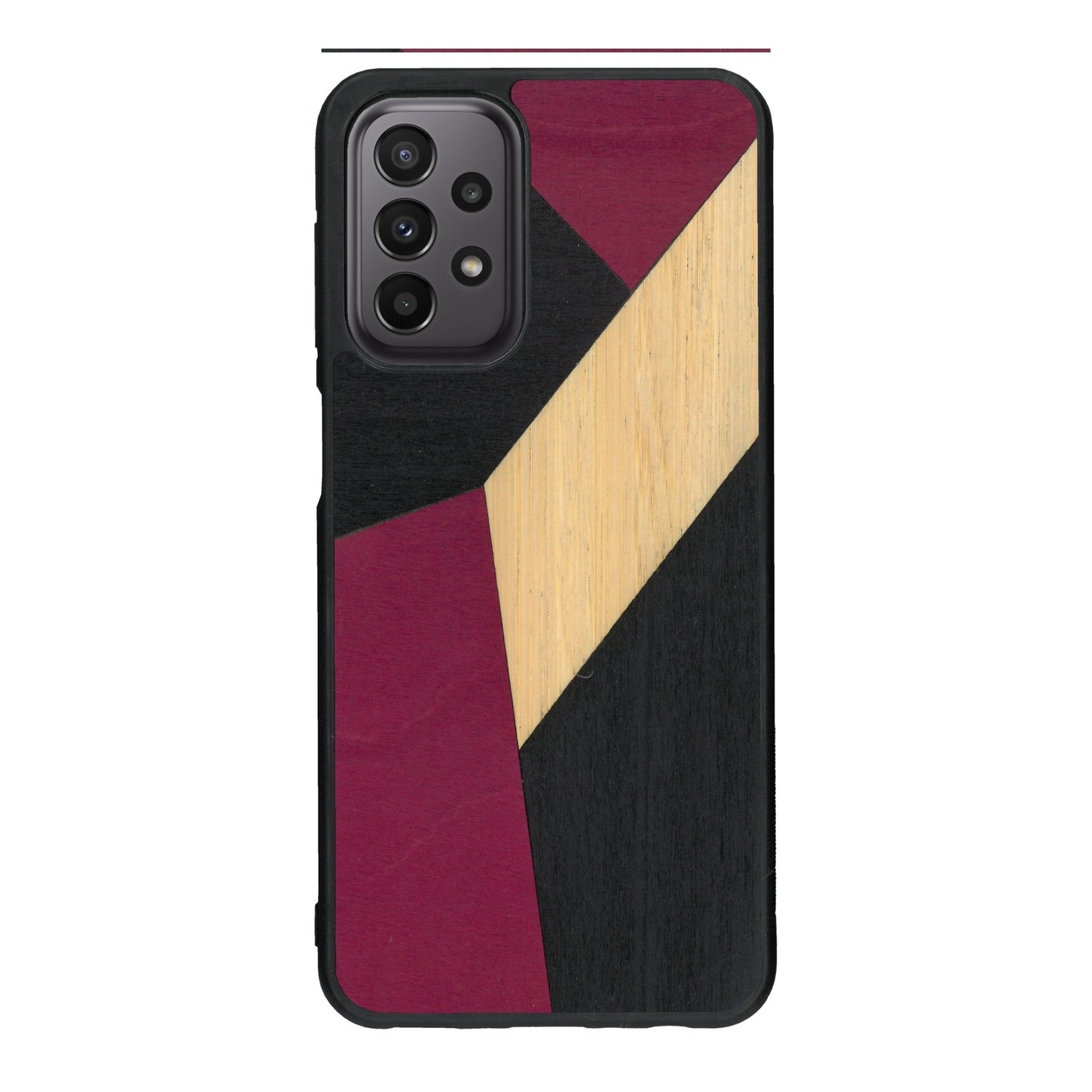 Coque de protection en bois véritable fabriquée en France pour Samsung A23 alliant du bambou, du tulipier rose et noir en forme de mosaïque minimaliste sur le thème de l'art abstrait