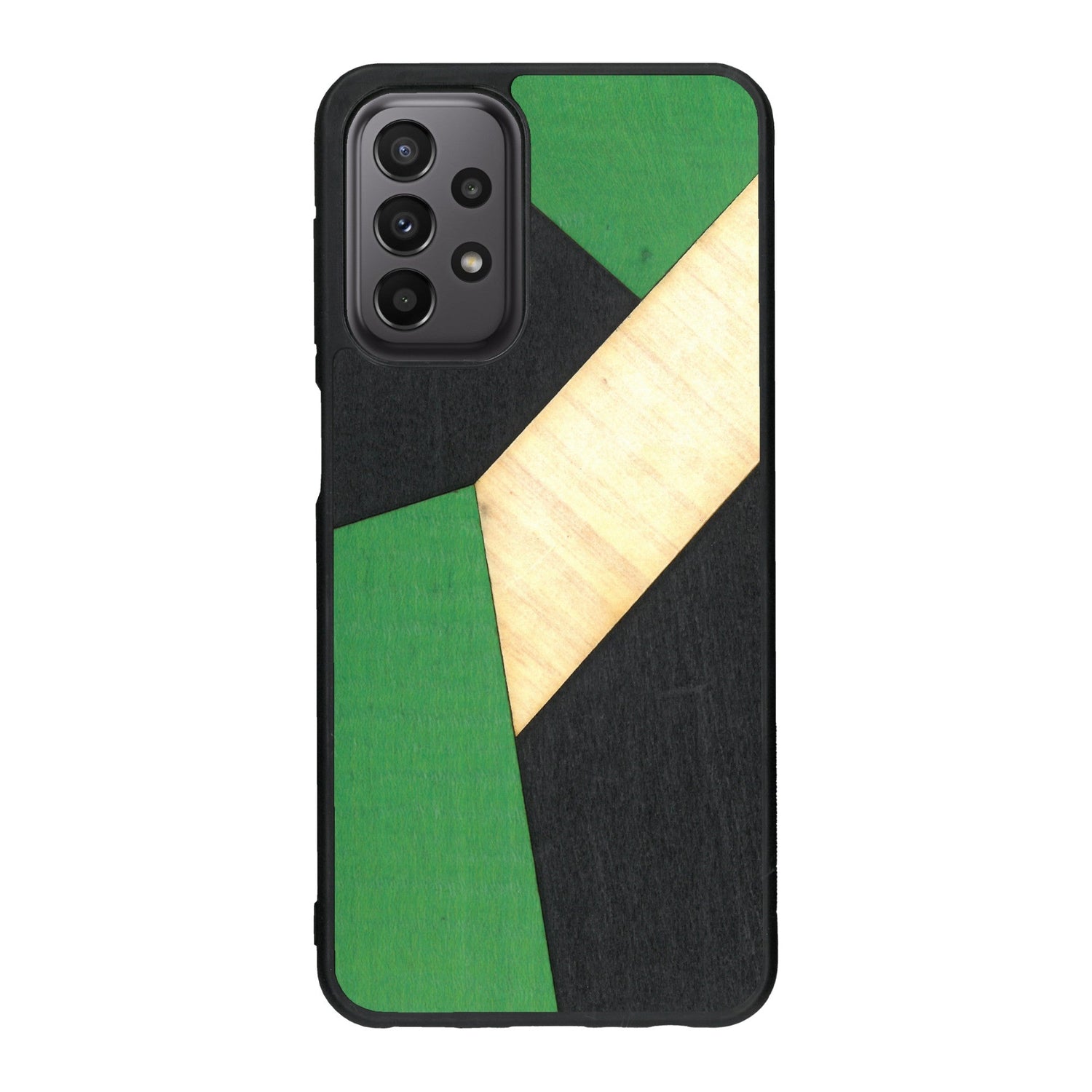 Coque de protection en bois véritable fabriquée en France pour Samsung A23 alliant du bambou, du tulipier vert et noir en forme de mosaïque minimaliste sur le thème de l'art abstrait