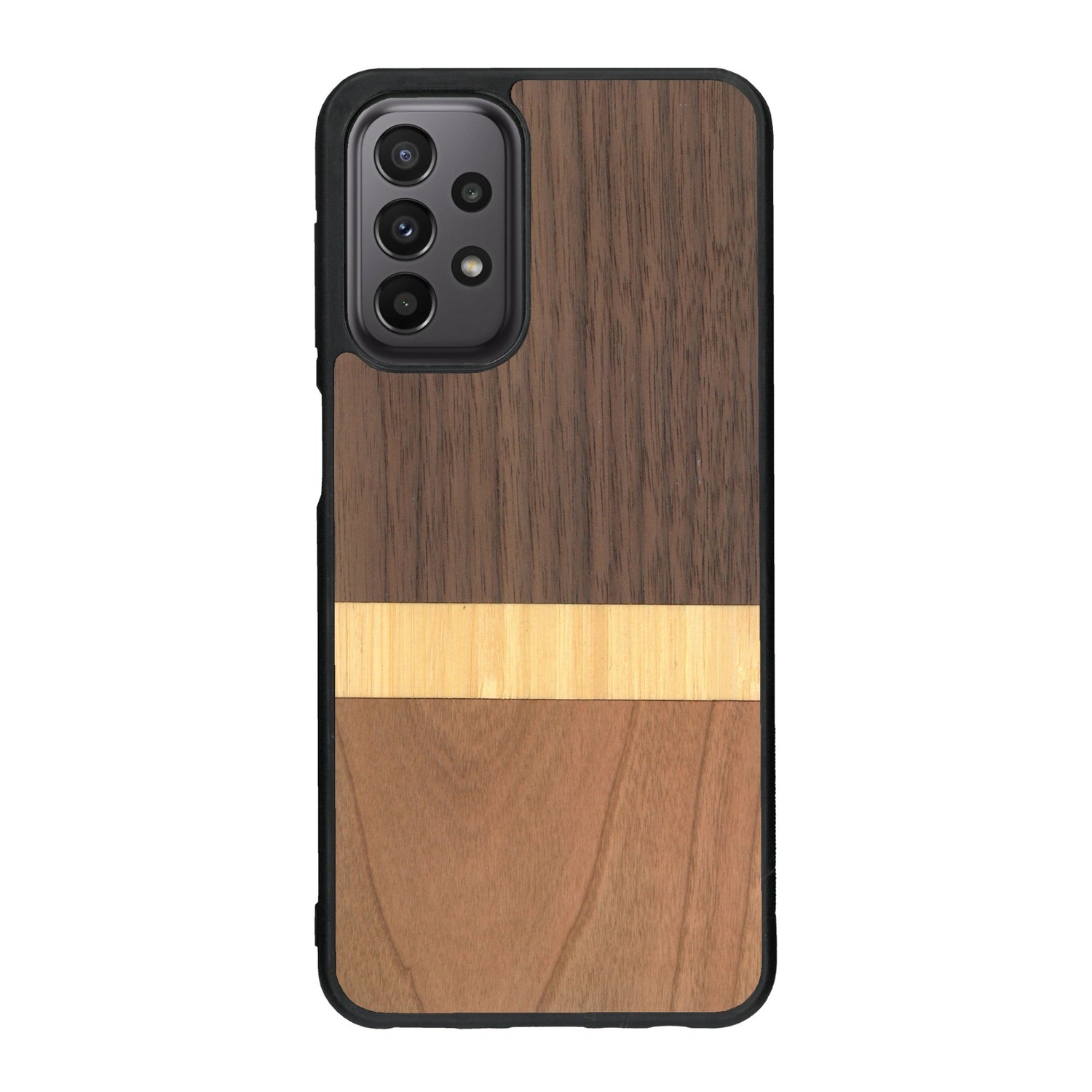 Coque de protection en bois véritable fabriquée en France pour Samsung A23 alliant des bandes horizontales de bambou, merisier et noyer