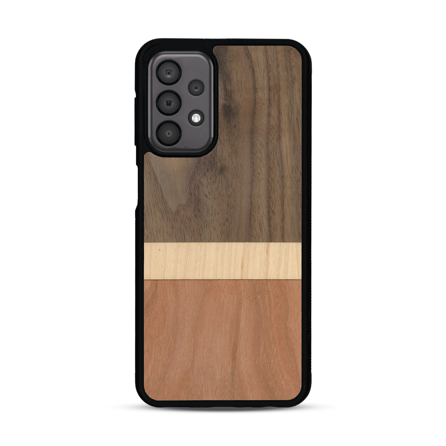 Coque de protection en bois véritable fabriquée en France pour  alliant des bandes horizontales de bambou, merisier et noyer