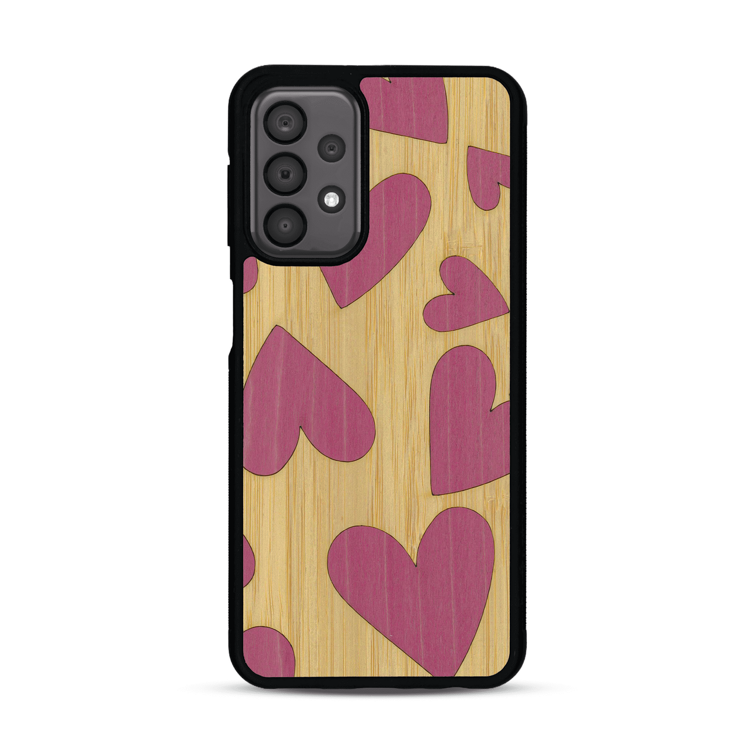 Coque de protection en bois véritable fabriquée en France pour  alliant plusieurs essences de bois pour représenter des coeurs pour les amoureux